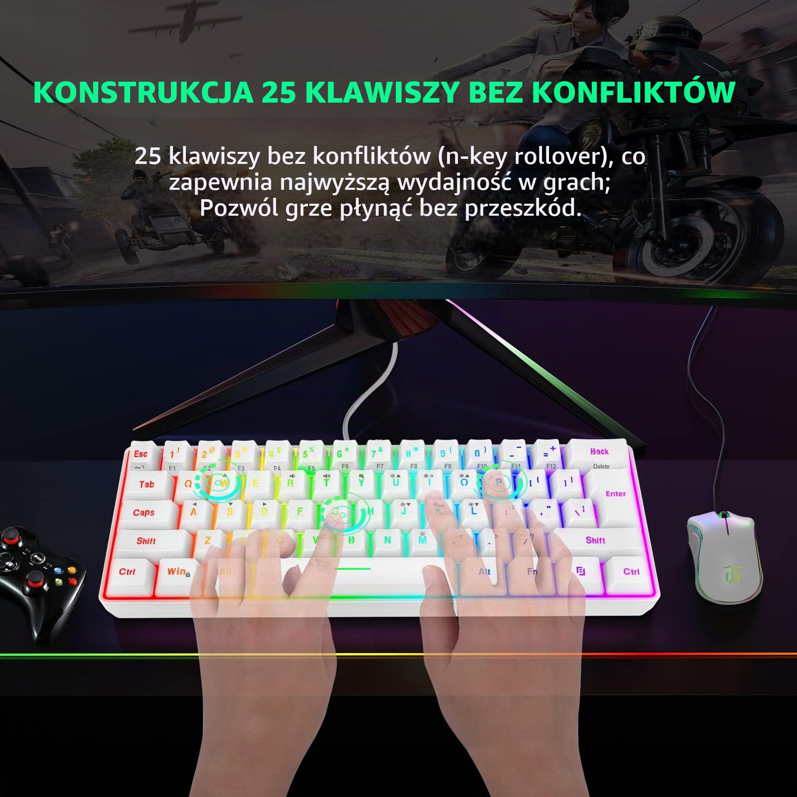 Snpurdiri 60% przewodowa klawiatura do gier, kompaktowa mini klawiatura RGB podświetlana z uczuciem mechanicznym, cicha klawiatura membranowa z USB C, przenośna klawiatura do biura i podróży do
