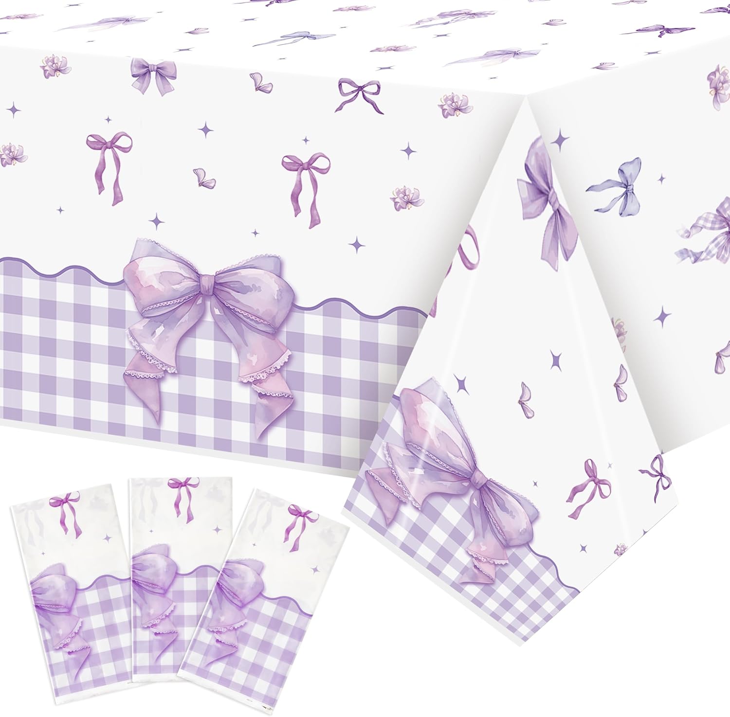 3 Pack Purple Bow Party Tablecloths for Girls Women