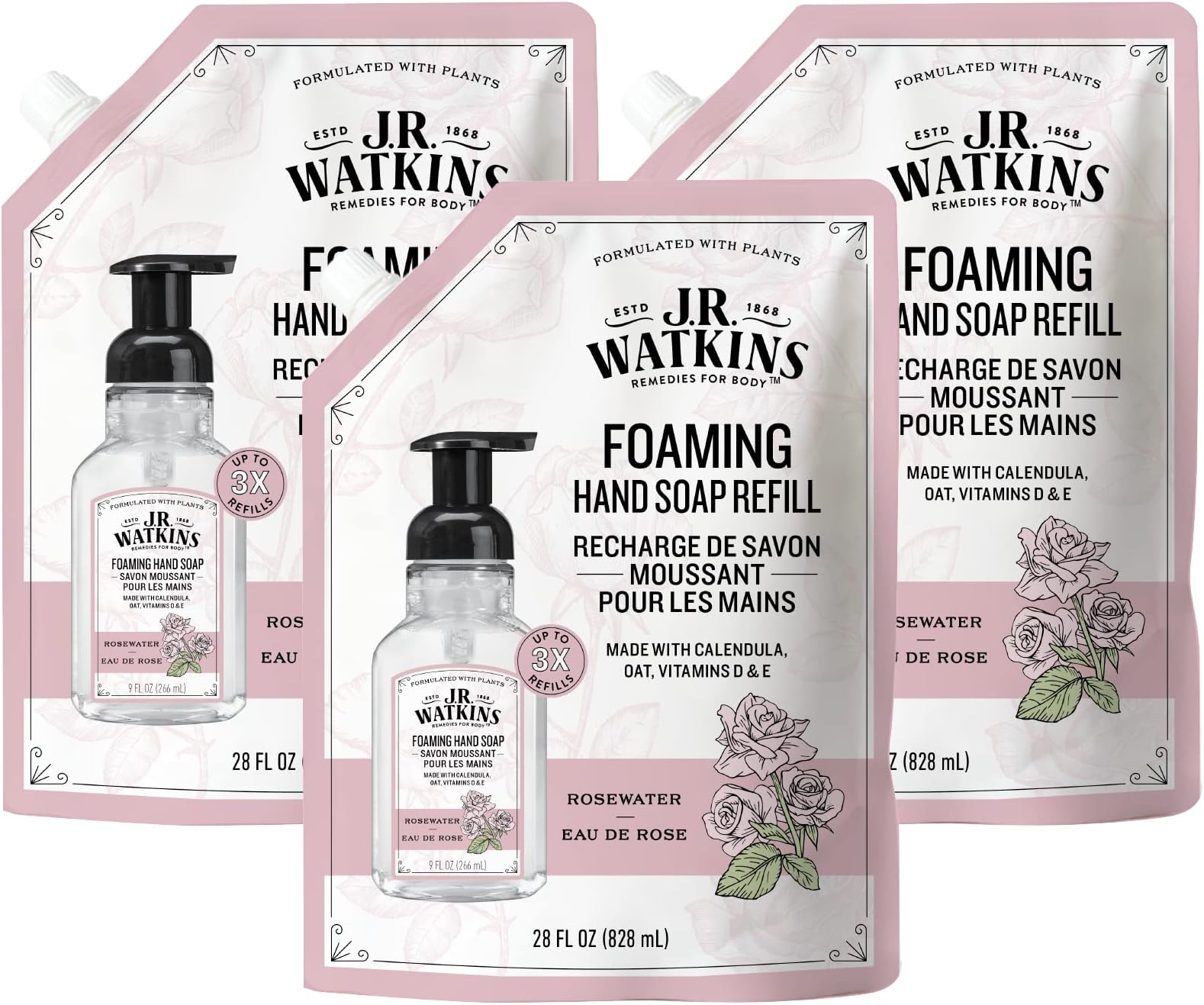 J.R. Watkins Foaming Hand Soap Refills, Alcohol-Free Hand Wash, Cruelty-Free, Moisturizing Soap Refill for Bathroom or Kitchen, Rosewater, 28 fl oz Foam Refill, 3 Pack