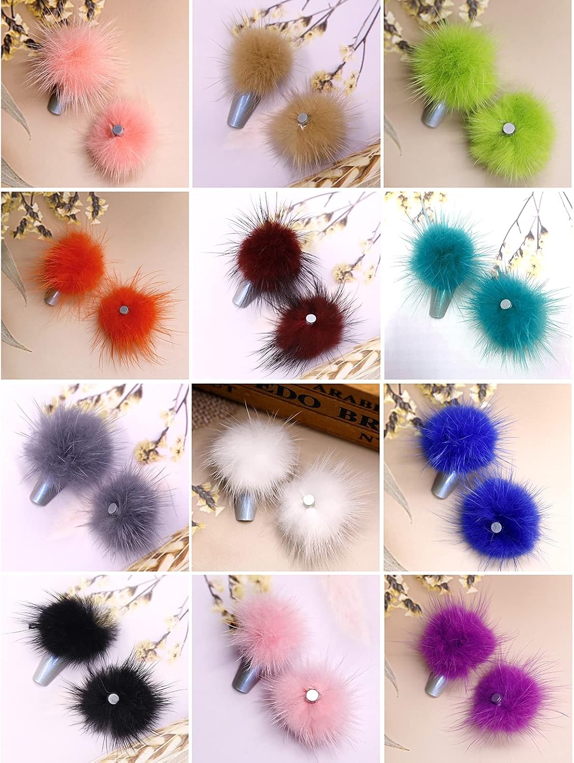 12 Pairs 3D Nail Art Fluffy Plush Ball Detachable Magnetic Faux Pom Fur Balls for Girls Women Nails Art Decorate, Cute Fluffy and Fantasy