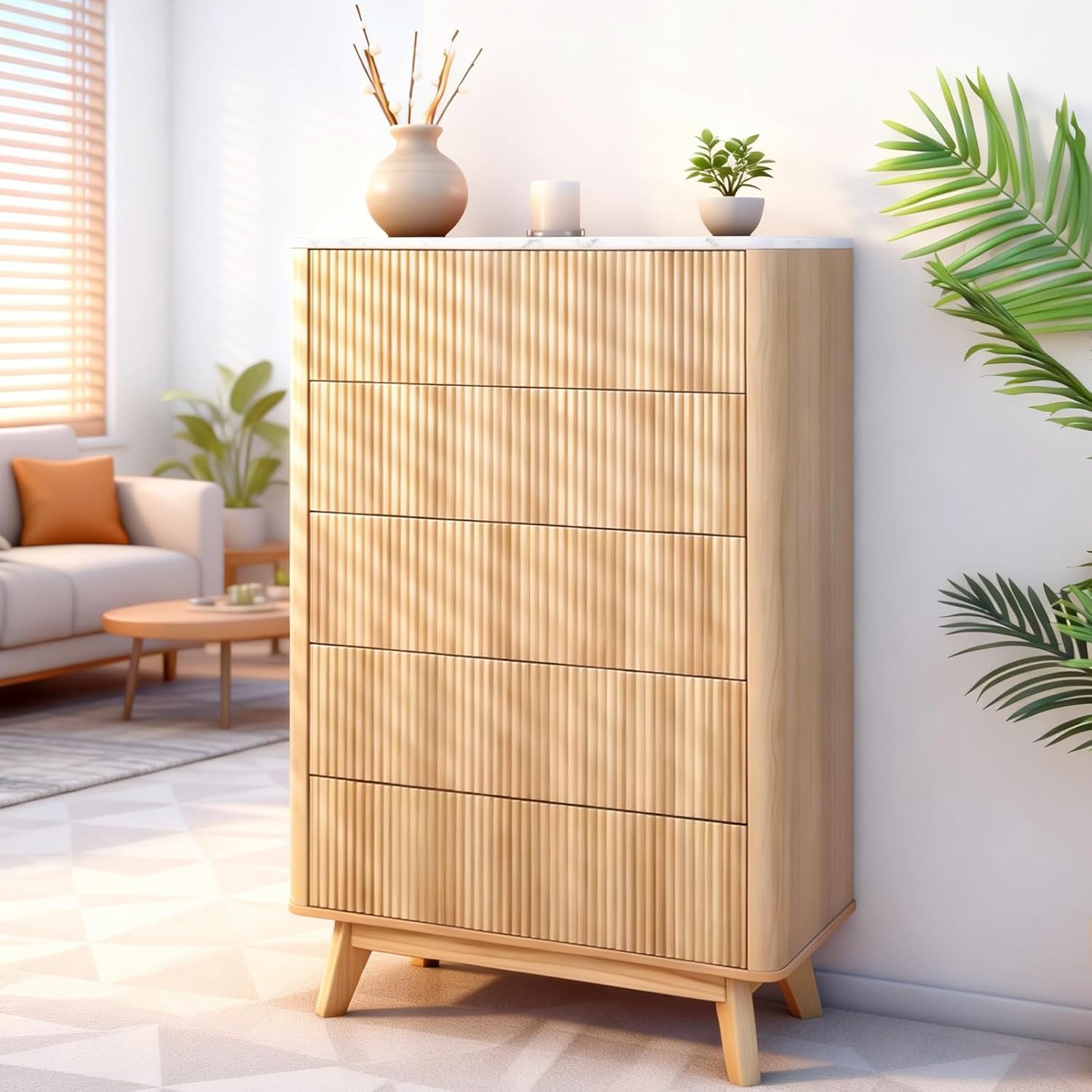 Fluted 5 Drawers Dresser for Bedroom, 47" Tall Handleless Chest of Drawers with Faux Marble Top, Curved Profile, Wooden Drawer Organizer for Living Room, Hallway, Entryway, Oak