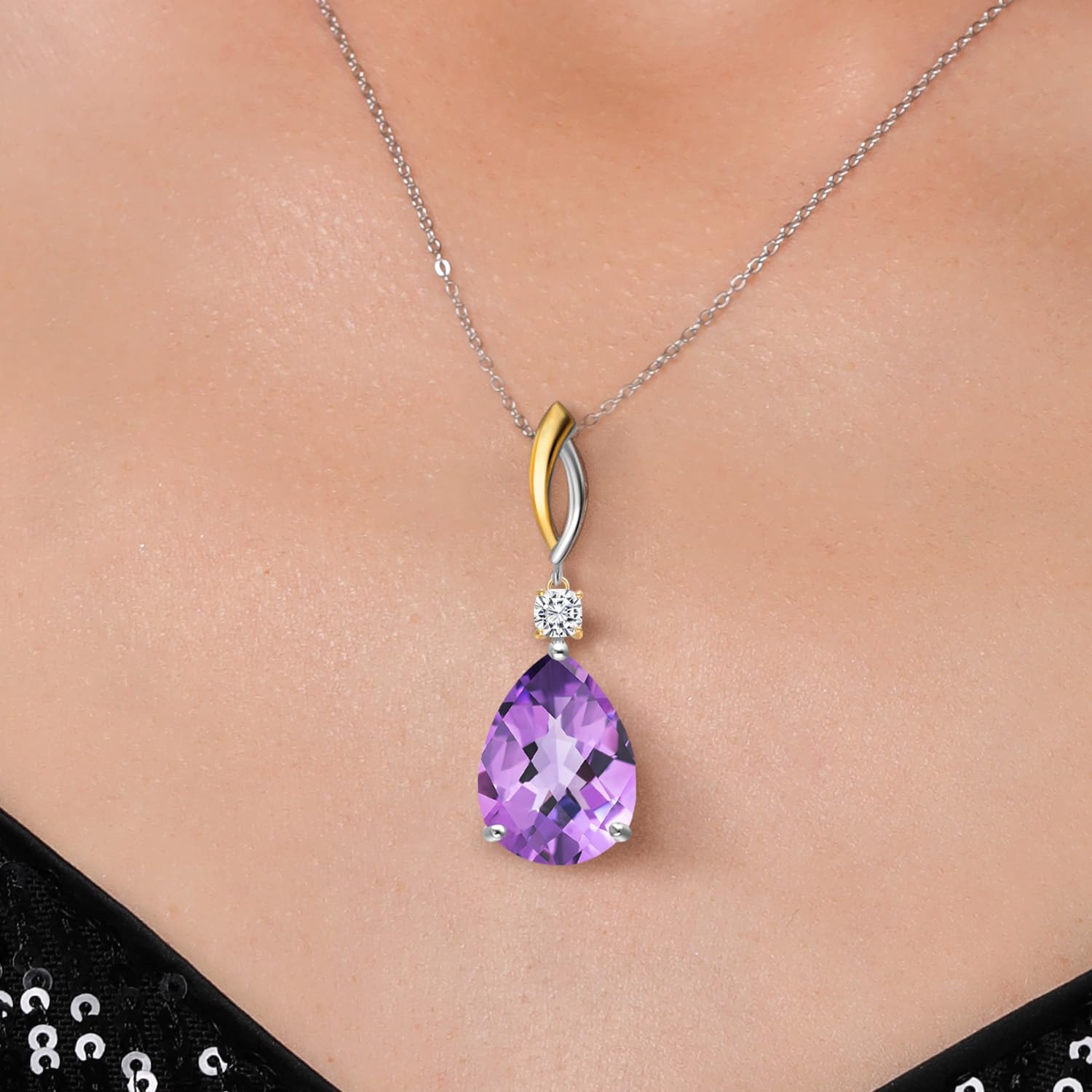 925 Silver and 10K Yellow Gold Purple Amethyst and White Moissanite Pendant Necklace for Women | 10.14 Cttw | Gemstone February Birthstone | Pear Shape Checkerboard 18X13MM | With 18 Inch Chain - Image 3