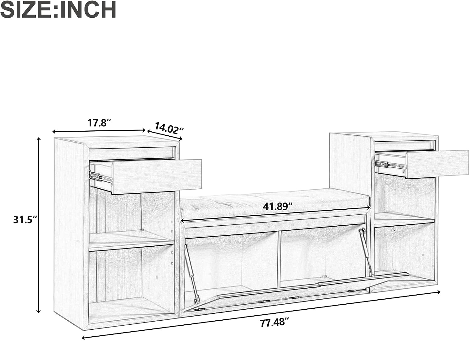RUNNA All-in-One Entryway Storage Bench with Cushion,Compartments, Drawers & Open Shelves,Storage Bench for Hallway,Mudroom,Living Room (Antique Navy#50)