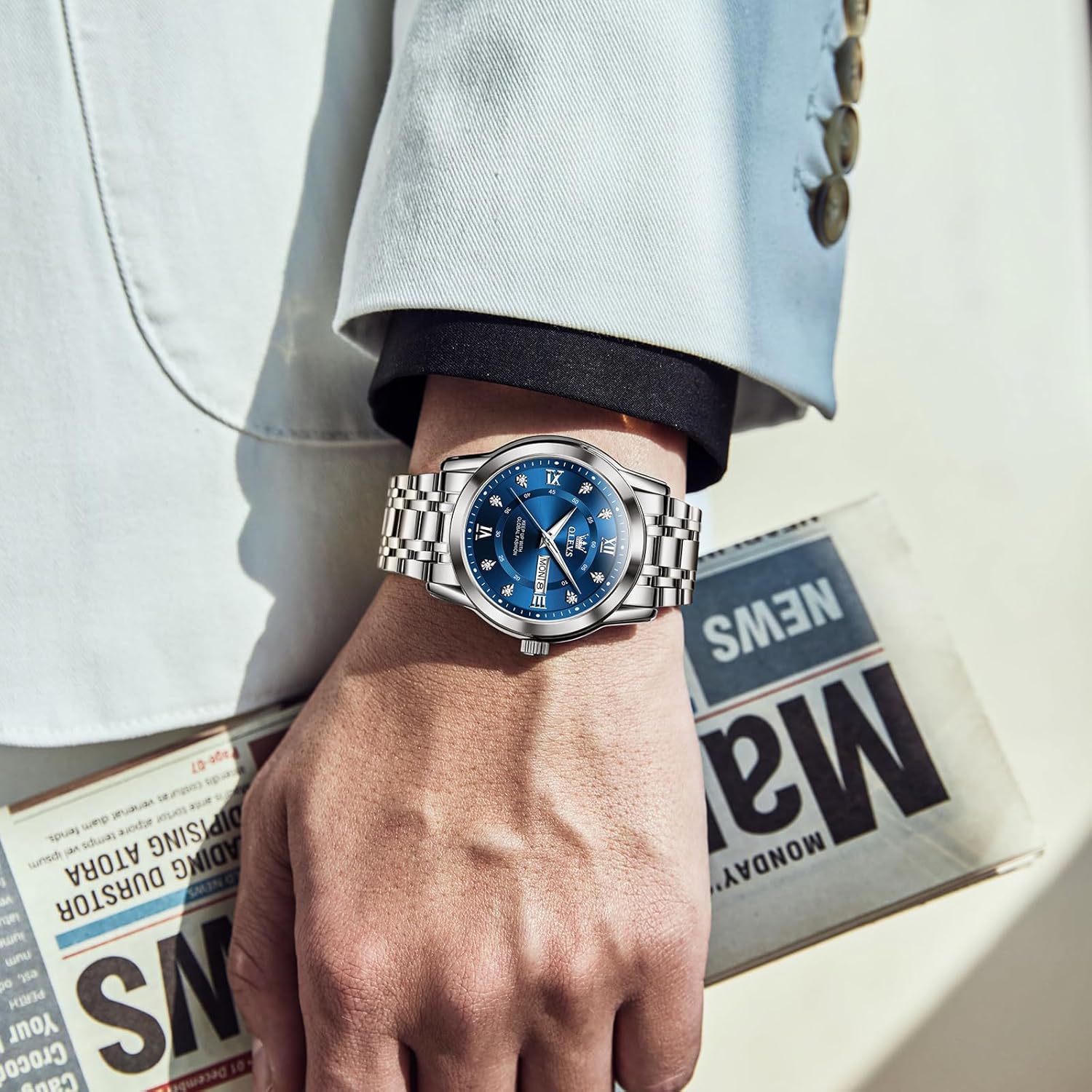 OLEVS Men's Stainless Steel Watch, Large Face Roman Numerals Diamond Accented Three-Hand Analog Quartz Watches for Men, Easy to Read Day Date Waterproof Luminous Mens Wristwatch - Image 3