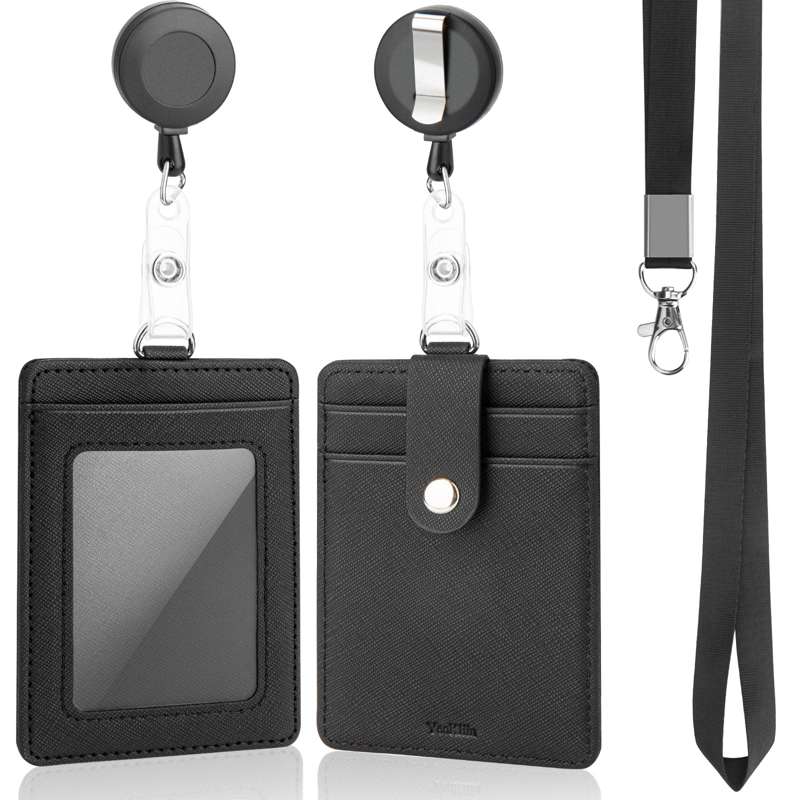 Yeokliin PU Leather Badge Holder with Lanyard, Black Lanyard with Retractable Reel Clips, Multiple Card Slots with Leather Snap, ID Badge Holder for