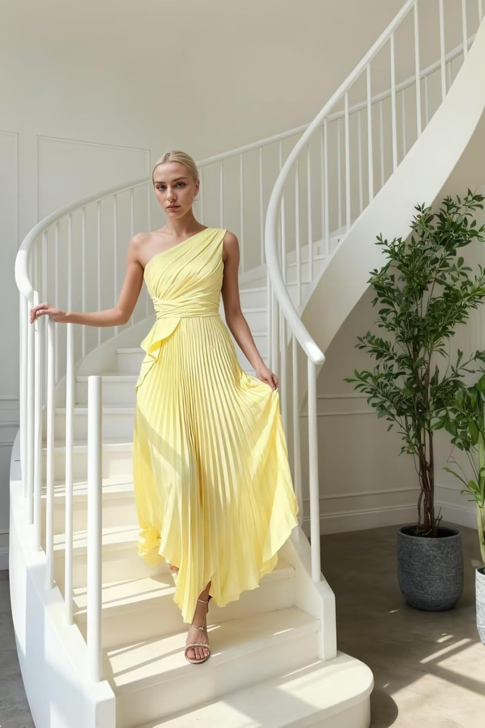 SoDigne One Shoulder Long Bridesmaid Dresses for Women Pleated Satin A Line Formal Evening Gowns with Slit