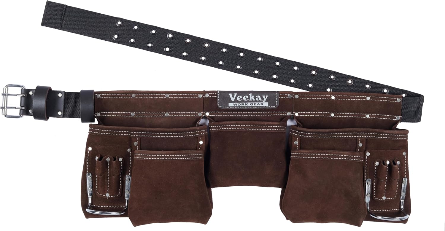 VEEKAY Brown Leather Tool Belt 11 Pocket Suede with 2-Inch Wide Nylon Belt & Pouch, Fits 32" to 50" Waist – Durable for Construction, Carpenters, and Framers