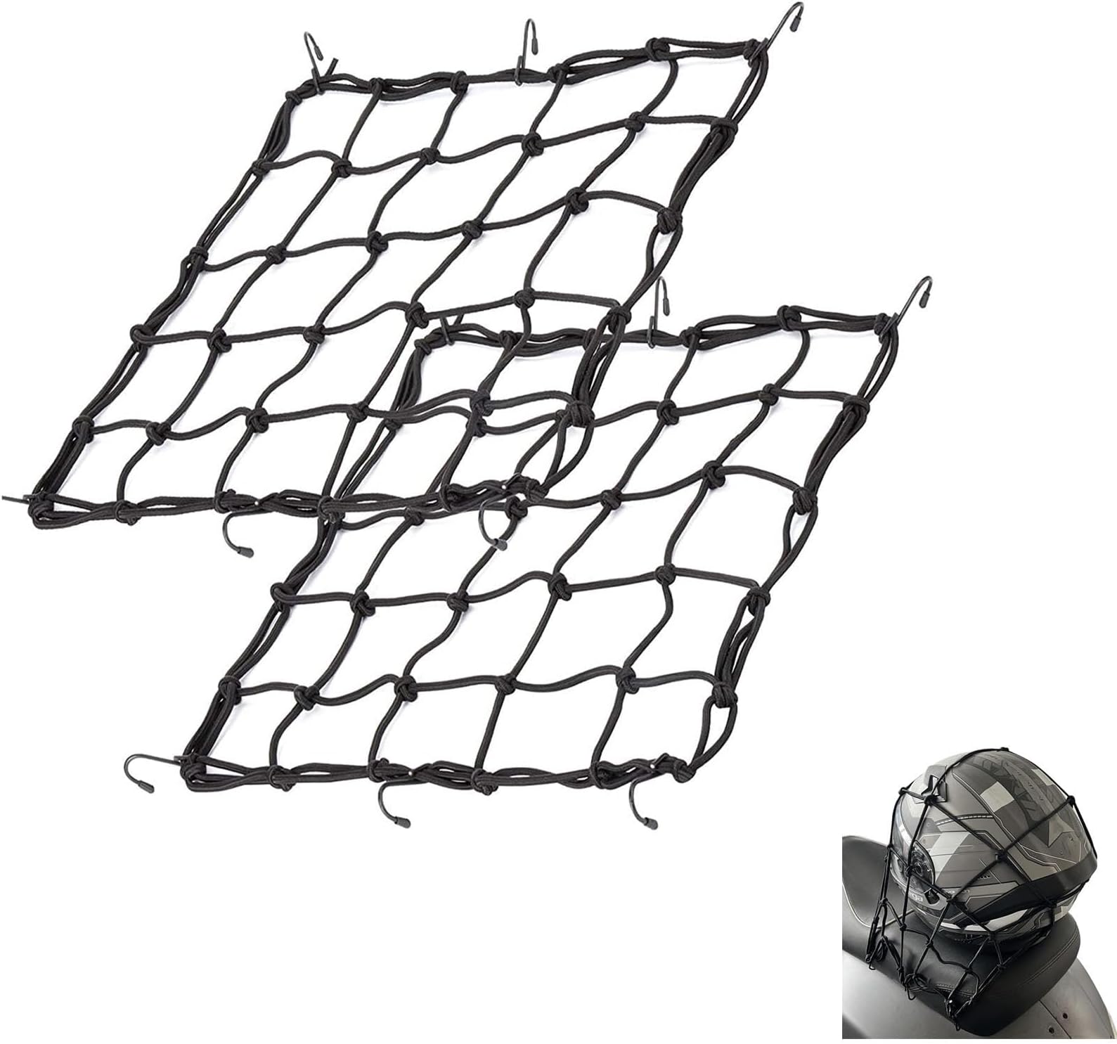 Motorcycle Cargo Net, 2 Pack Heavy Duty Bungee Net, Expands from 15.7x15.7 to 31.5x31.5 Inches, with 6 Metal Hooks, for Motorcycle Bike Gear Security