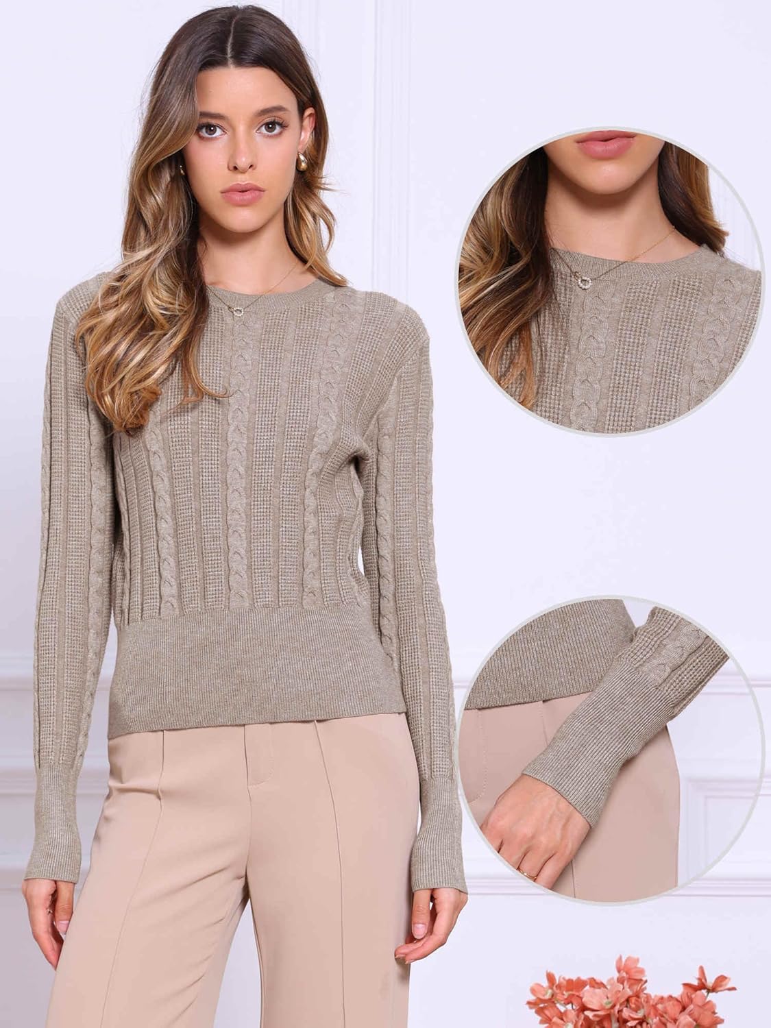 Allegra K Cable Knit Sweater for Women's Long Sleeve Tops Crew Neck Pullover Tops Casual Fall Outfits - Image 4