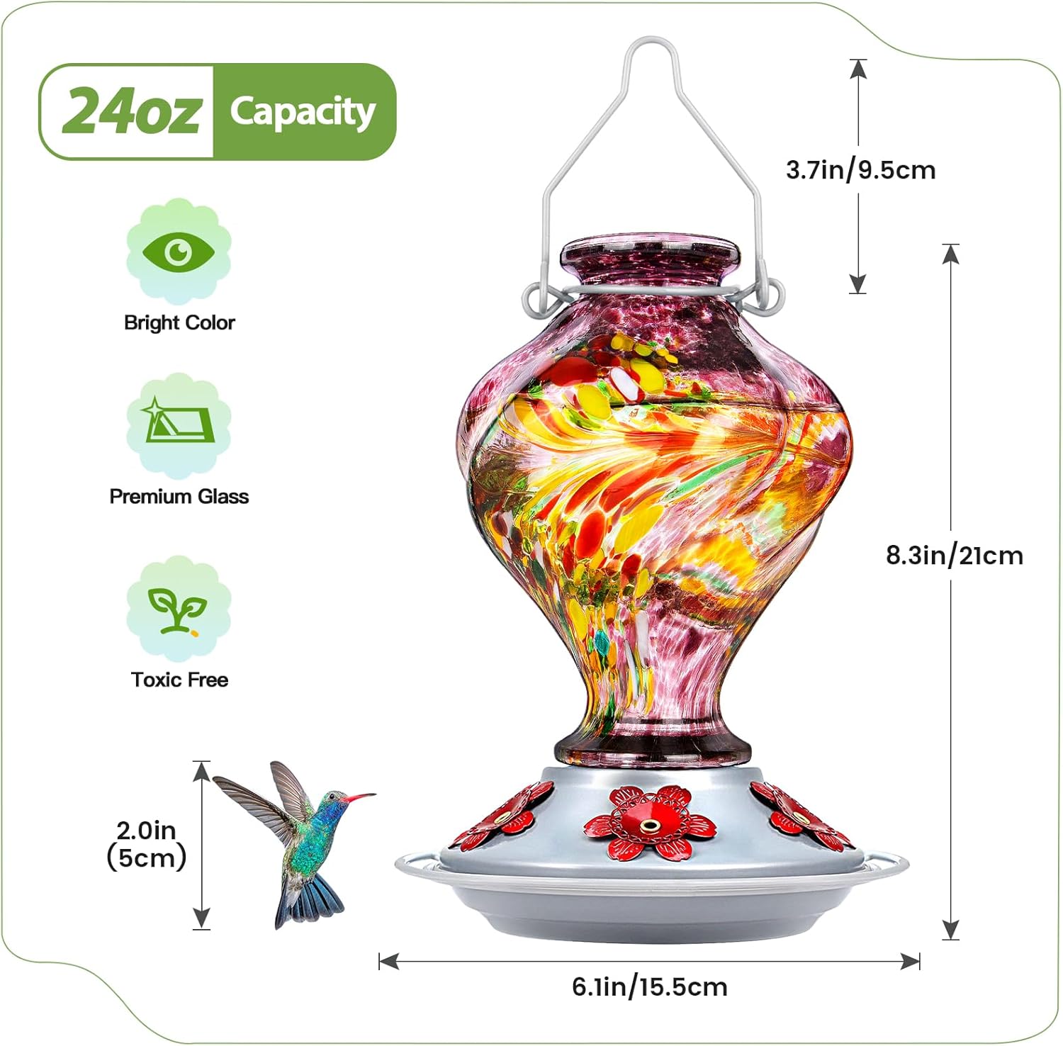 Hummingbird Feeders for Outdoors Hanging, BOLITE Glass Hummingbird Feeder, Hand Blown Twisted with Ant Moat and Five Feeding Ports, 24 Ounces, Leak Proof, Purple, Gifts for Women Men