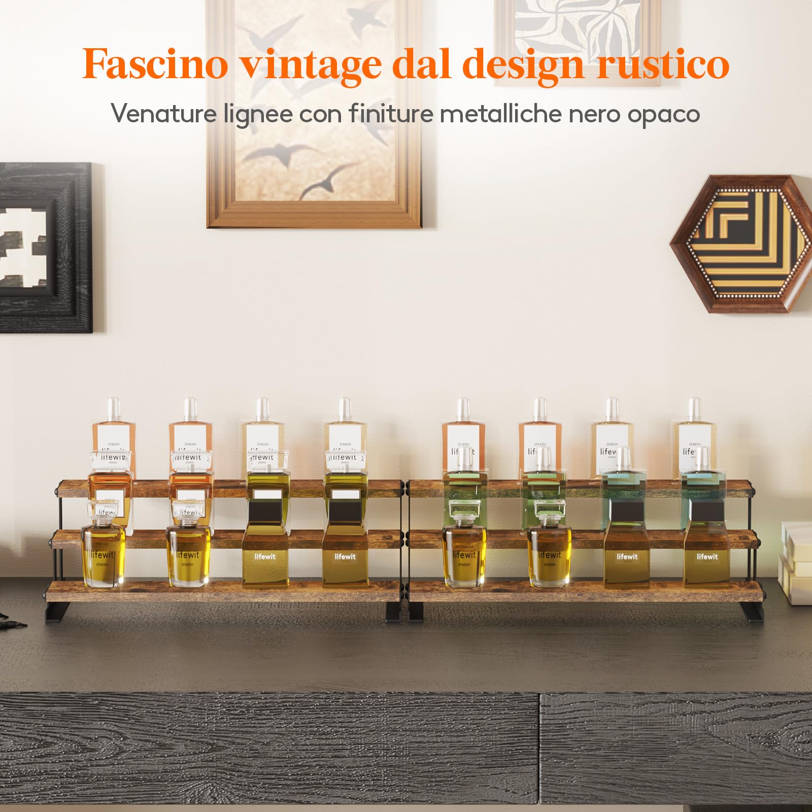 Lifewit Porta Profumi in Legno, Espositore Profumi con Supporto in Metallo, Espositori a Scaletta per Bagno, Camera, Salotto, Marrone Rustico, 4 Livelli, 1 Confezione, 35 cm