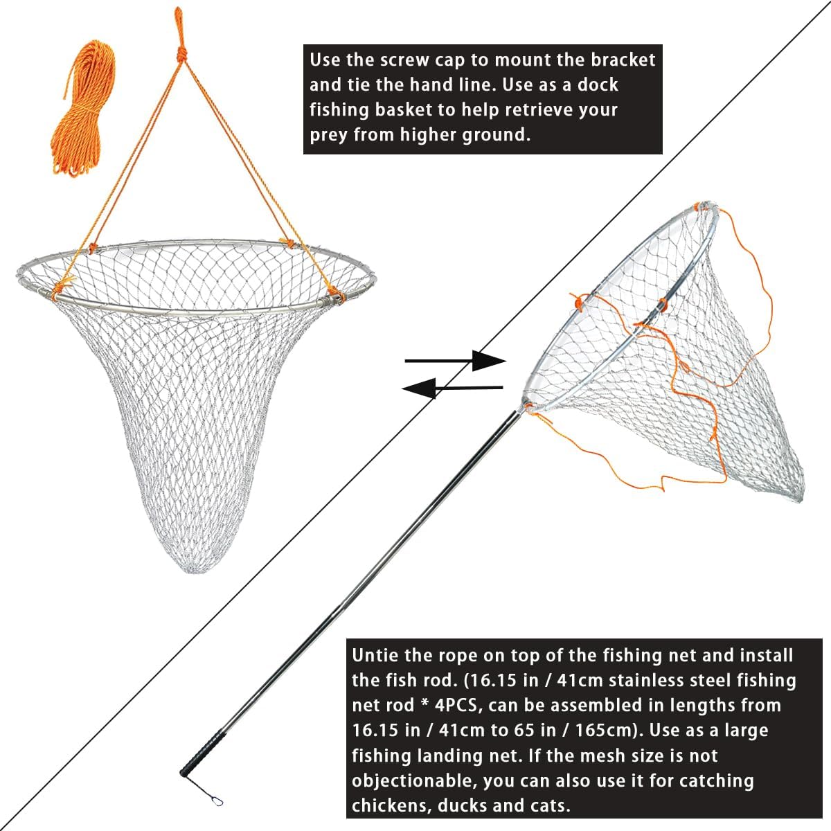 Drasry Large Collapsible Bridge Pier Fishing Net Landing Net with Rod, High Load Aluminum Ring Drop Net for Saltwater and Freshwater Pier Fishing Basket with 49.2 ft. Rope