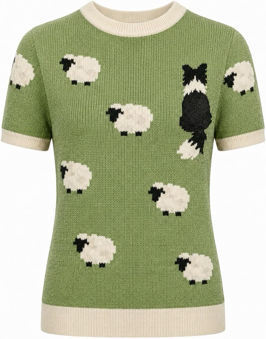 OXKNIT Women's Knit Short Sleeve T-Shirt Vintage Sheep and Border Collie Pattern Crewneck Green Tops Summer Knitwear