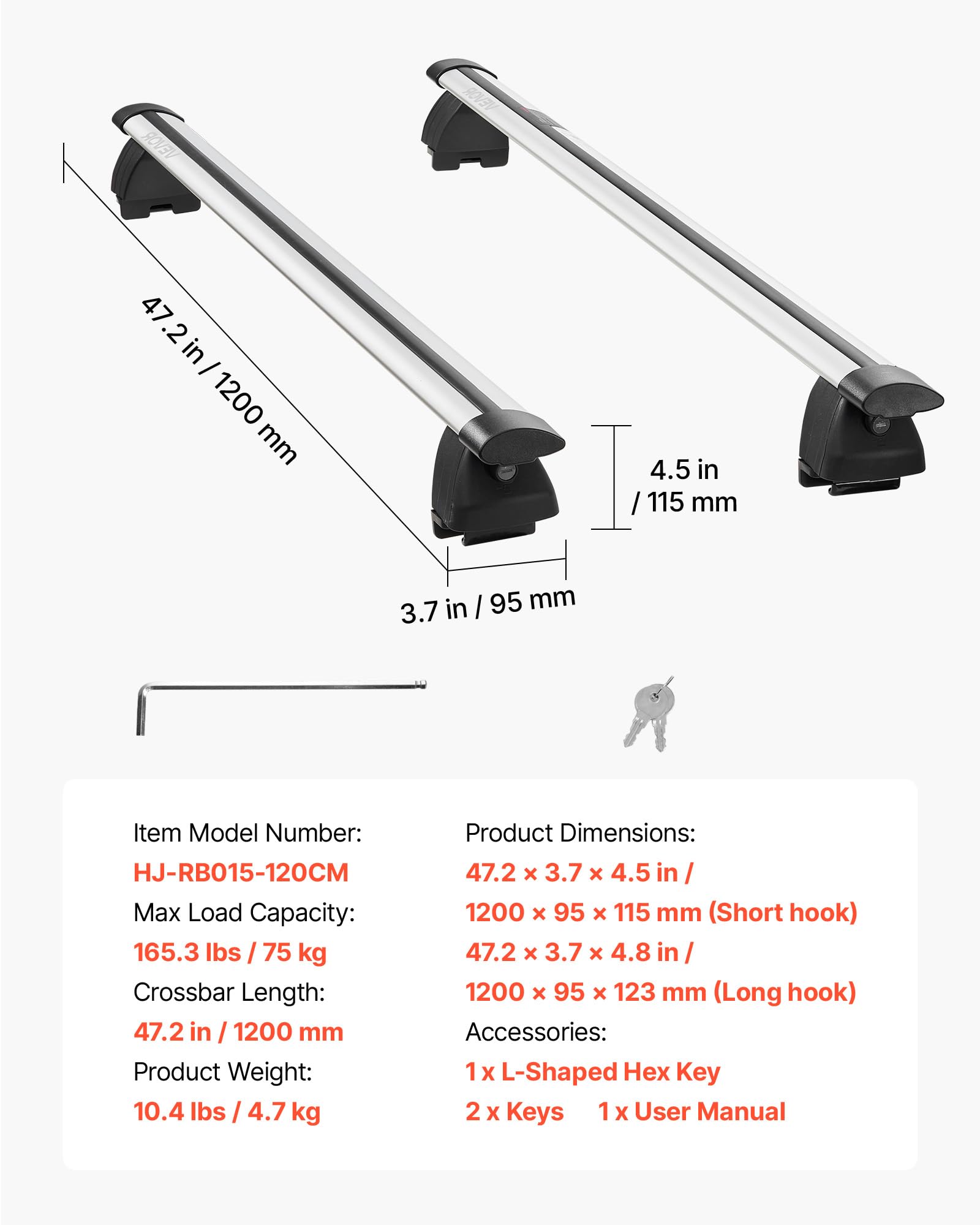 VEVOR Barre Trasversali da Tetto per Auto SUV, Portapacchi da Tetto Auto Carico max 90 kg Lunghezza 1200 mm, Barre 2 pezzi per Porta Bagagli Universali in Alluminio Bici Viaggio Campeggio Pesca