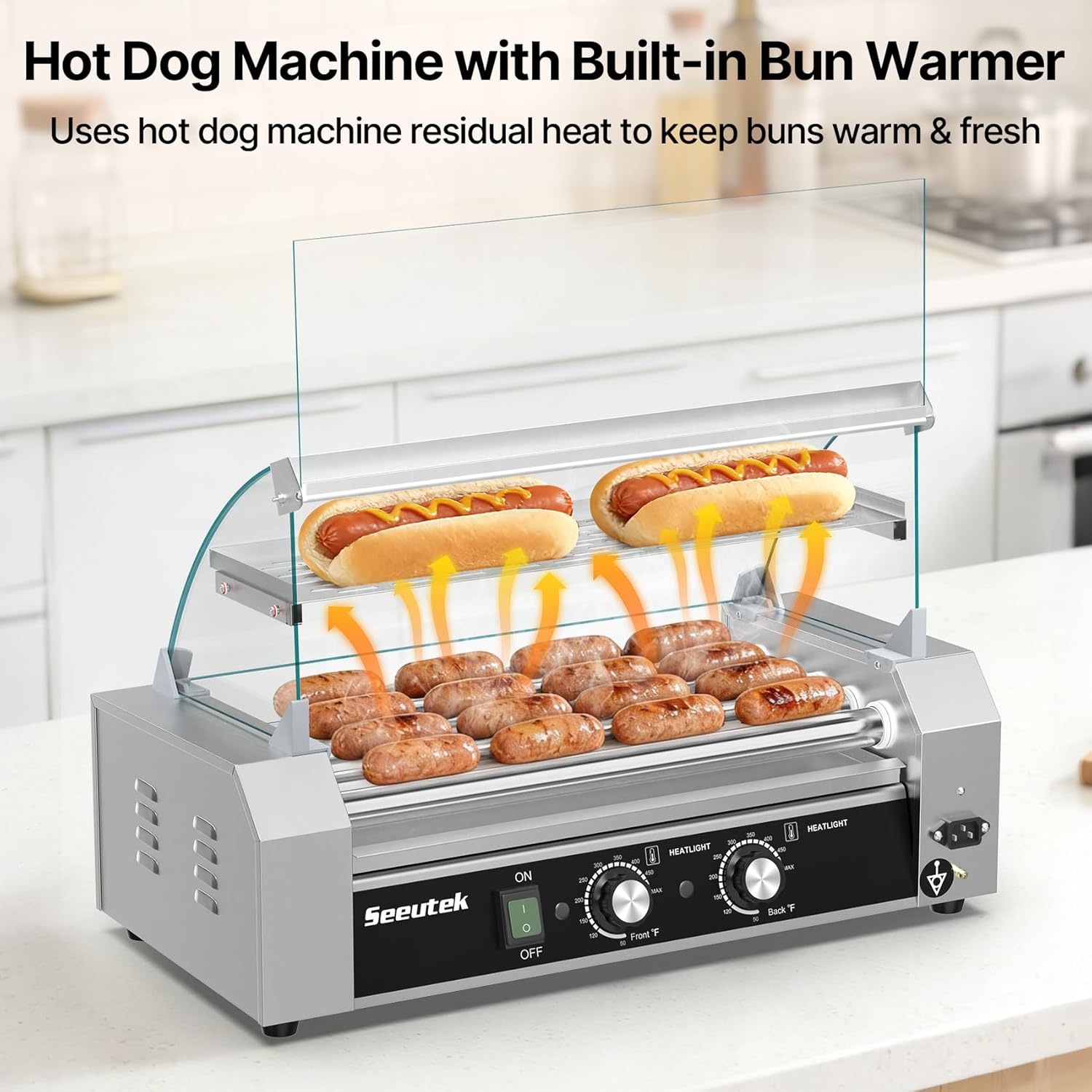 Seeutek Hot Dog Roller 5 Rollers 18 Hot Dogs Capacity 1100W Stainless Hot Dog Toaster, Hot Dog Machine W/Dual Temperature Control Glass Hood Acrylic Cover Warmer Shelf Removable Oil Drip Tray