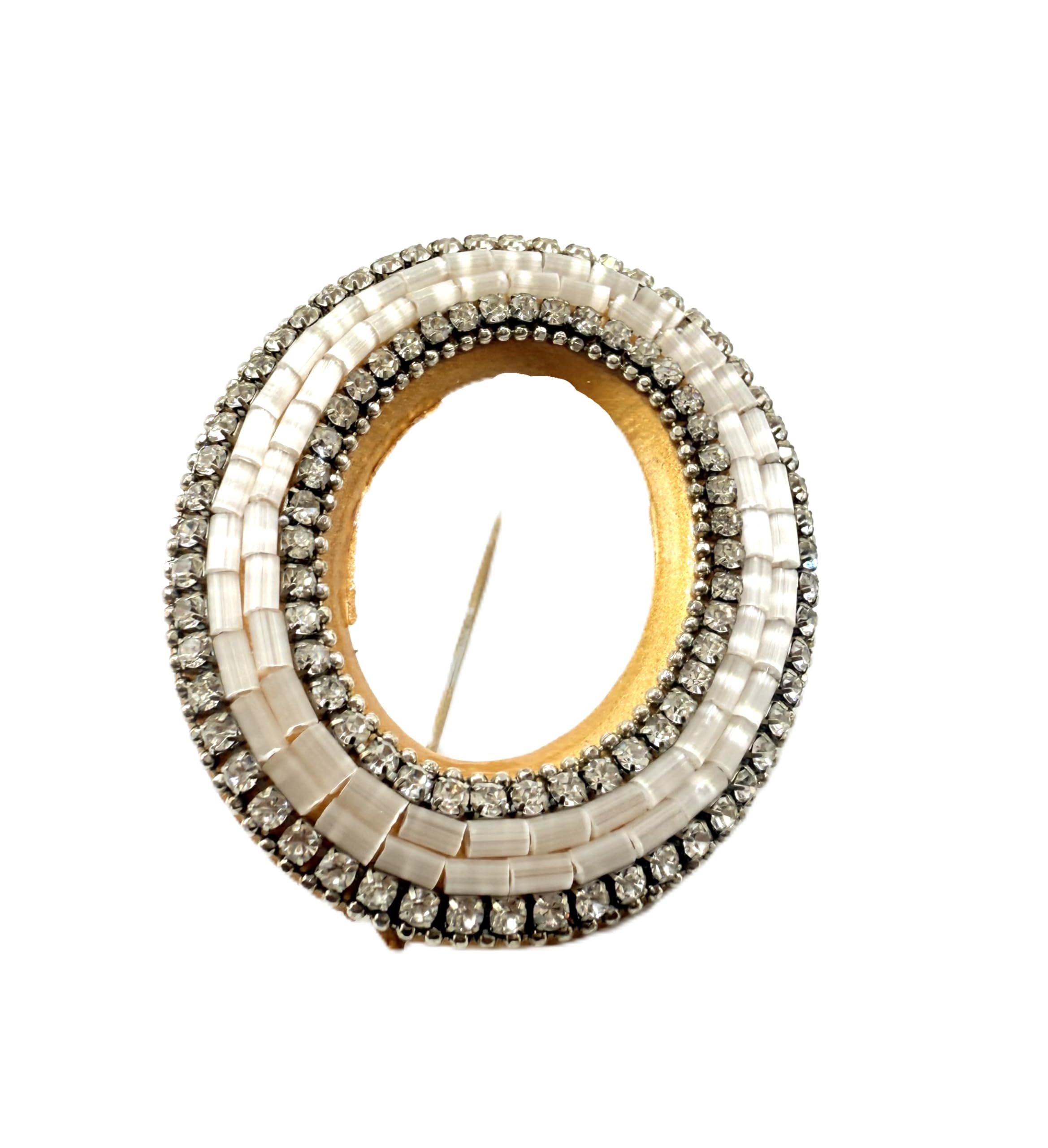 Yumi Elegant Round Brooch with White Mother of Pearl Inlay, Crystal Rhinestones, Gold-Tone Frame, Traditional Design, hand Crafted Alpins-image-5