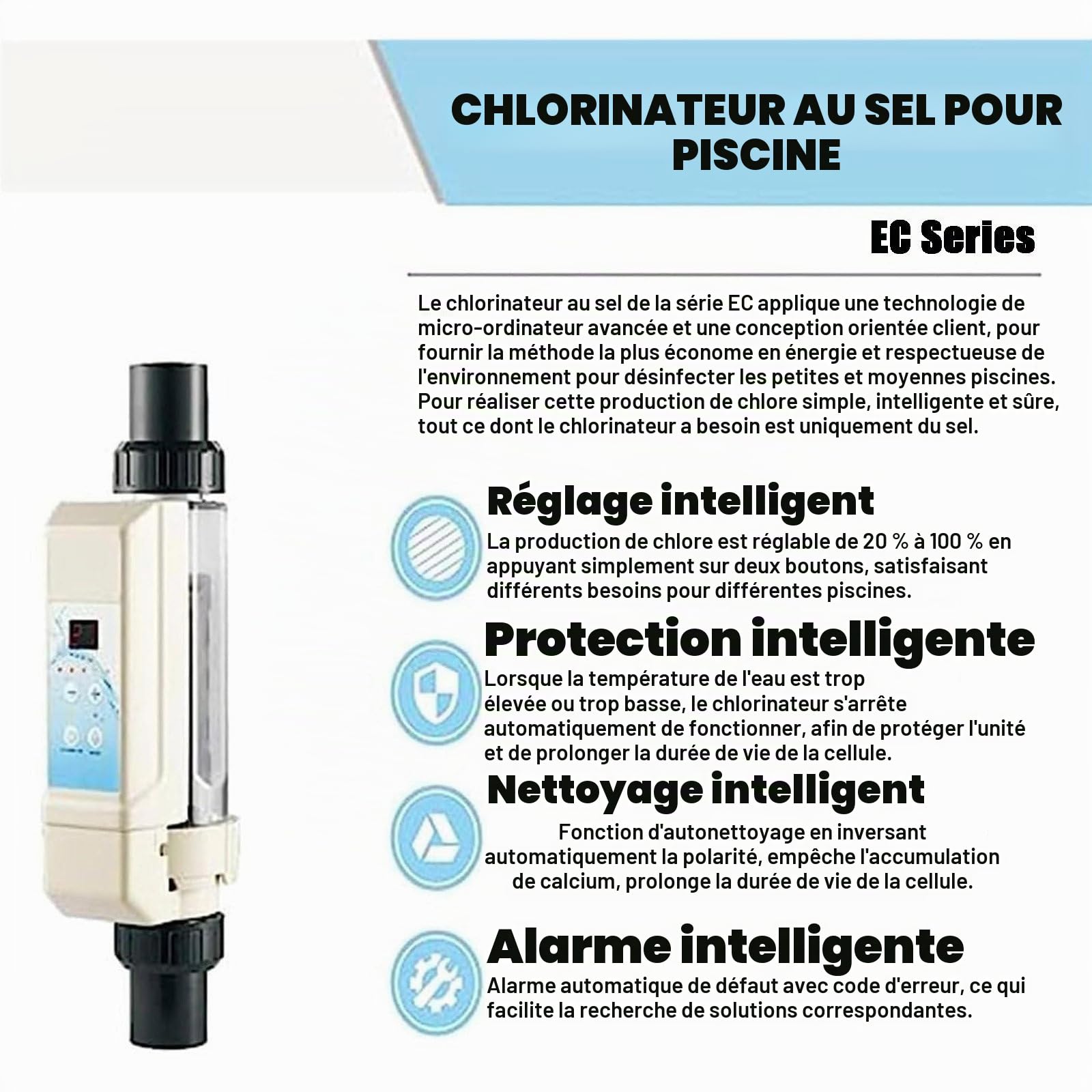 Générateur de Chlore au Sel Électrolyseur Chlorinateur au Sel de Piscine pour Piscine à Débordement Spas,12g/h(≤50m³)