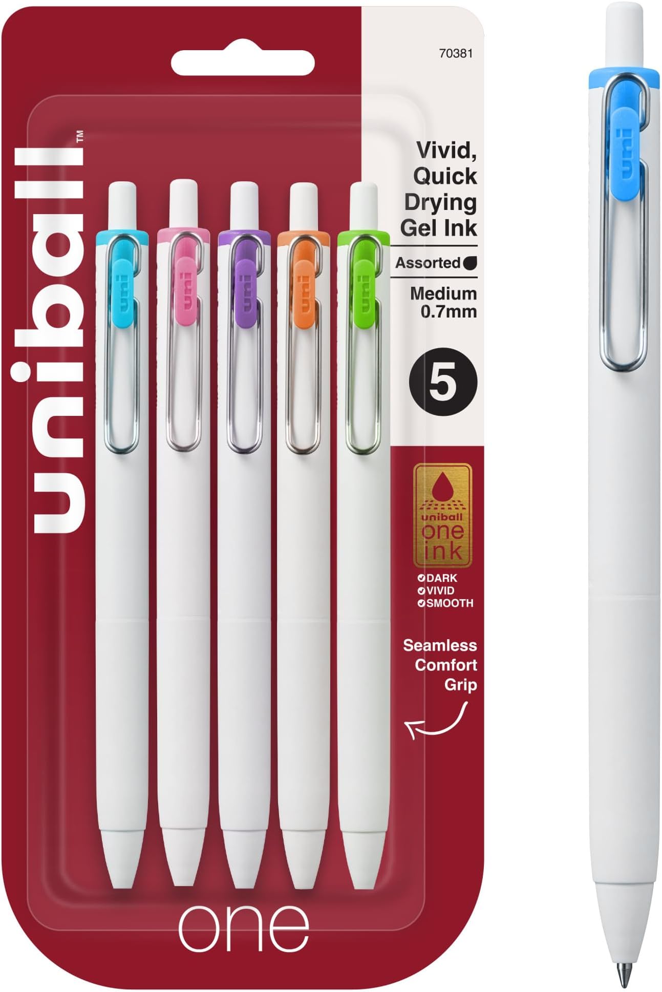 One Retractable Gel Pens Medium Point, 0.7mm, Assorted, 5 Pack
