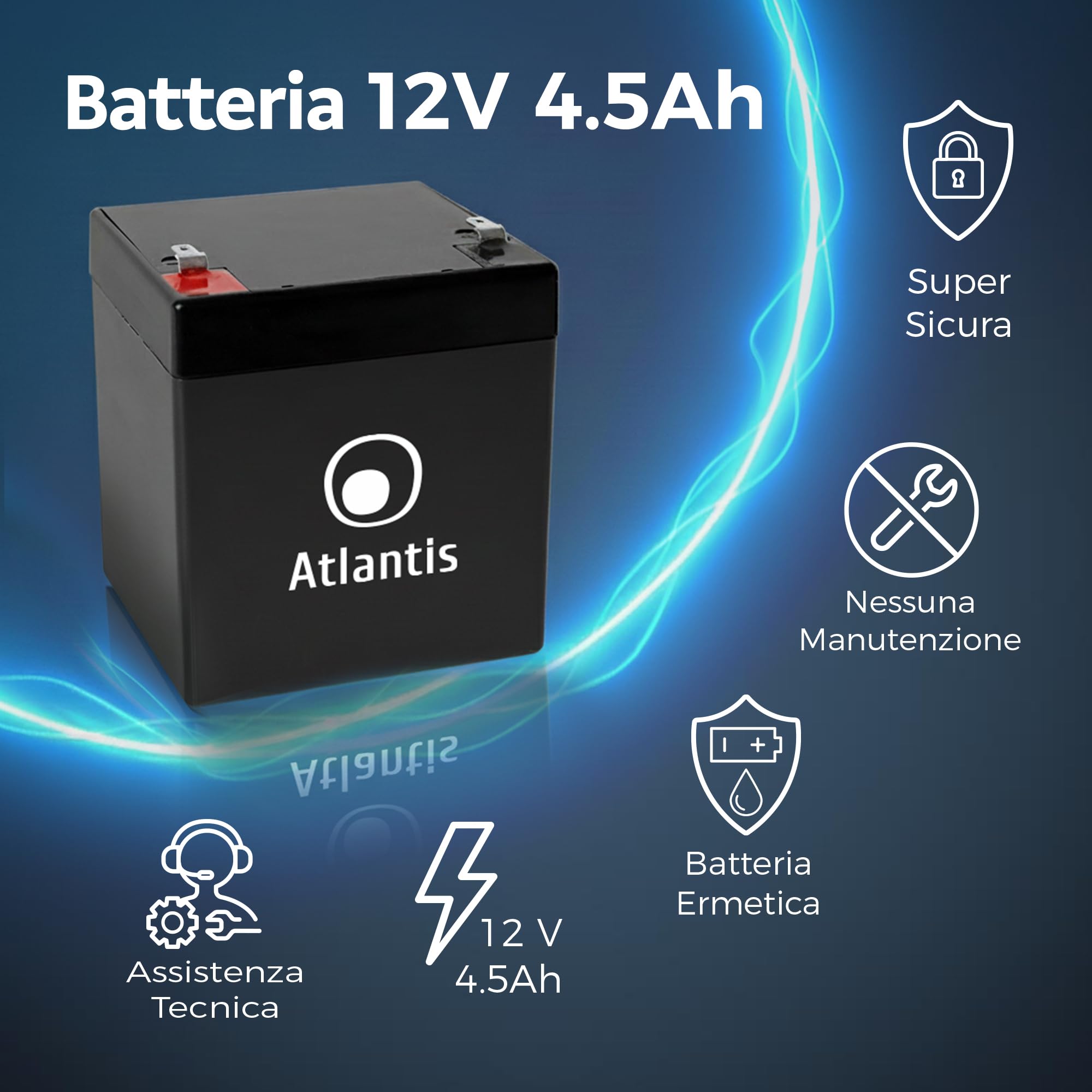 Atlantis batteria piombo 12V 4,5Ah ermetica VRLA per UPS Videosorveglianza allarme