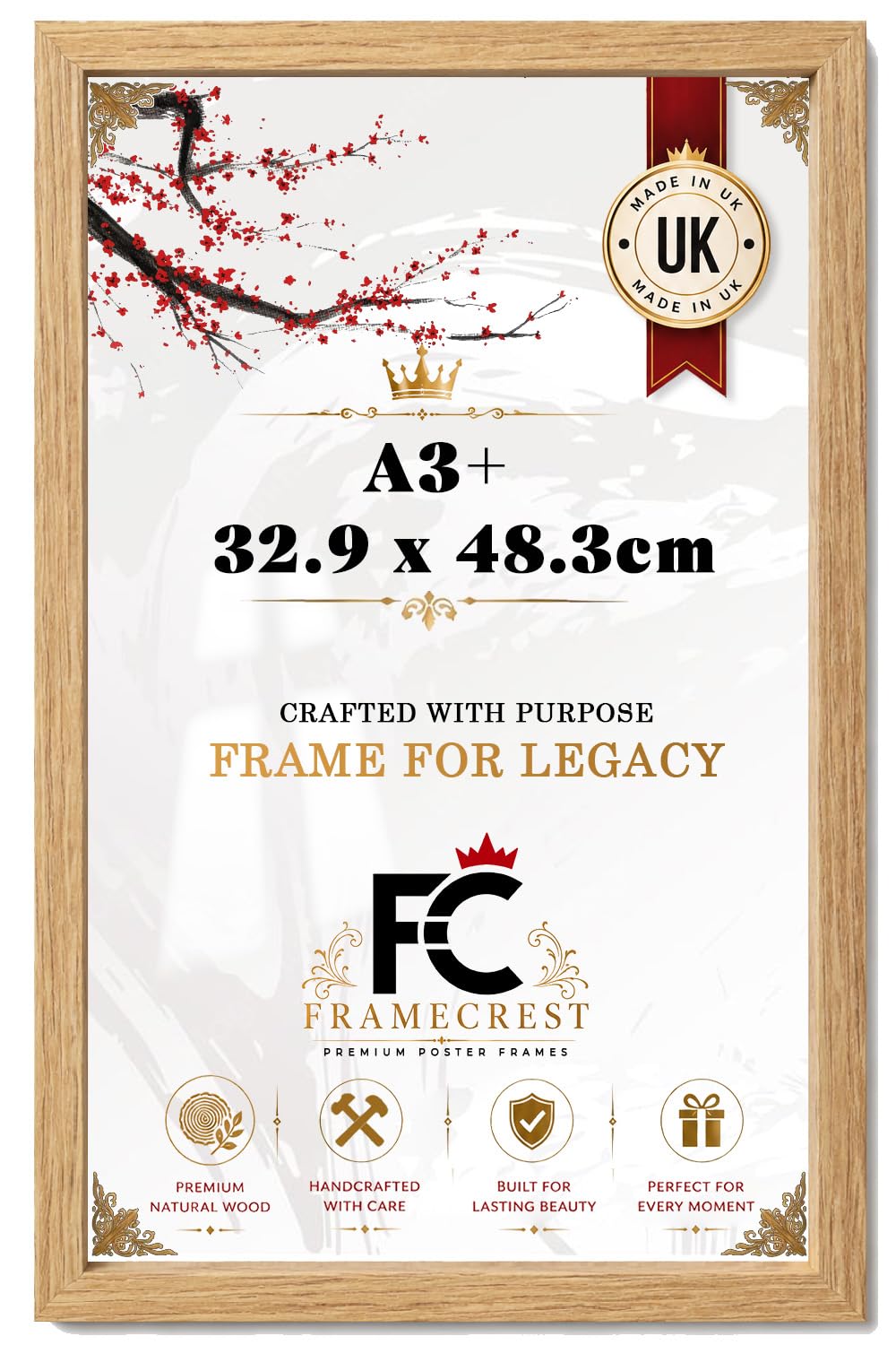 Framecrest Ltd Oak Framecrest Flat Profile Large A3+ 32.9X48.3cm Poster Frame Eton Wood Perfect For Wall Gallery, Living Room & Wall Hanging Mount Poster Picture-[Oak]