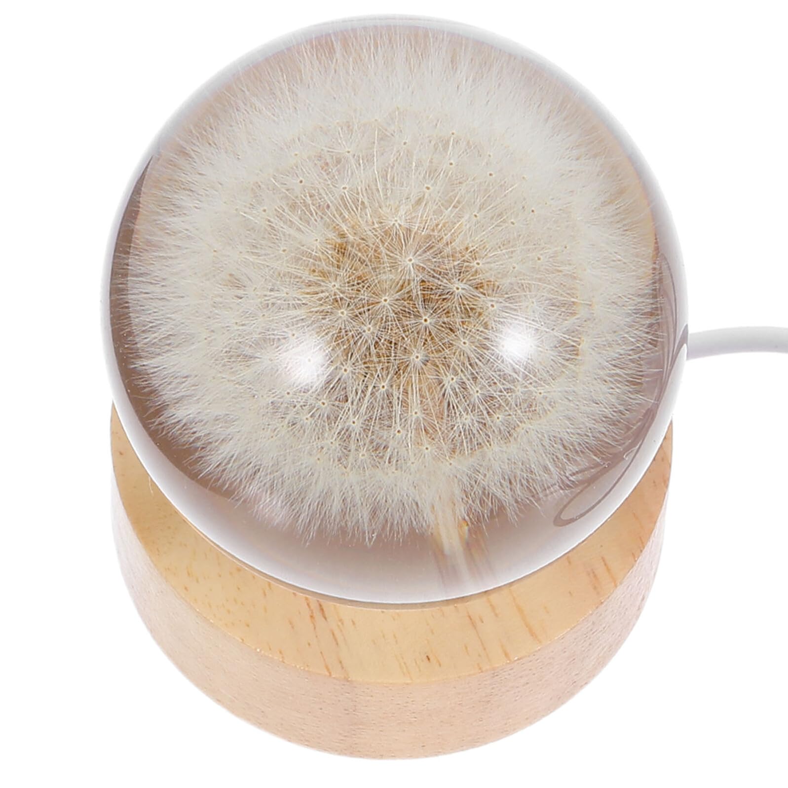 Toyvian Lámpara de Noche Bola de Cristal 6 CM con Luz LED Grabado 3D de Diente de León Base de Madera Maciza Luz Nocturna Esférica USB para Decoración y Ambiente Acogedor