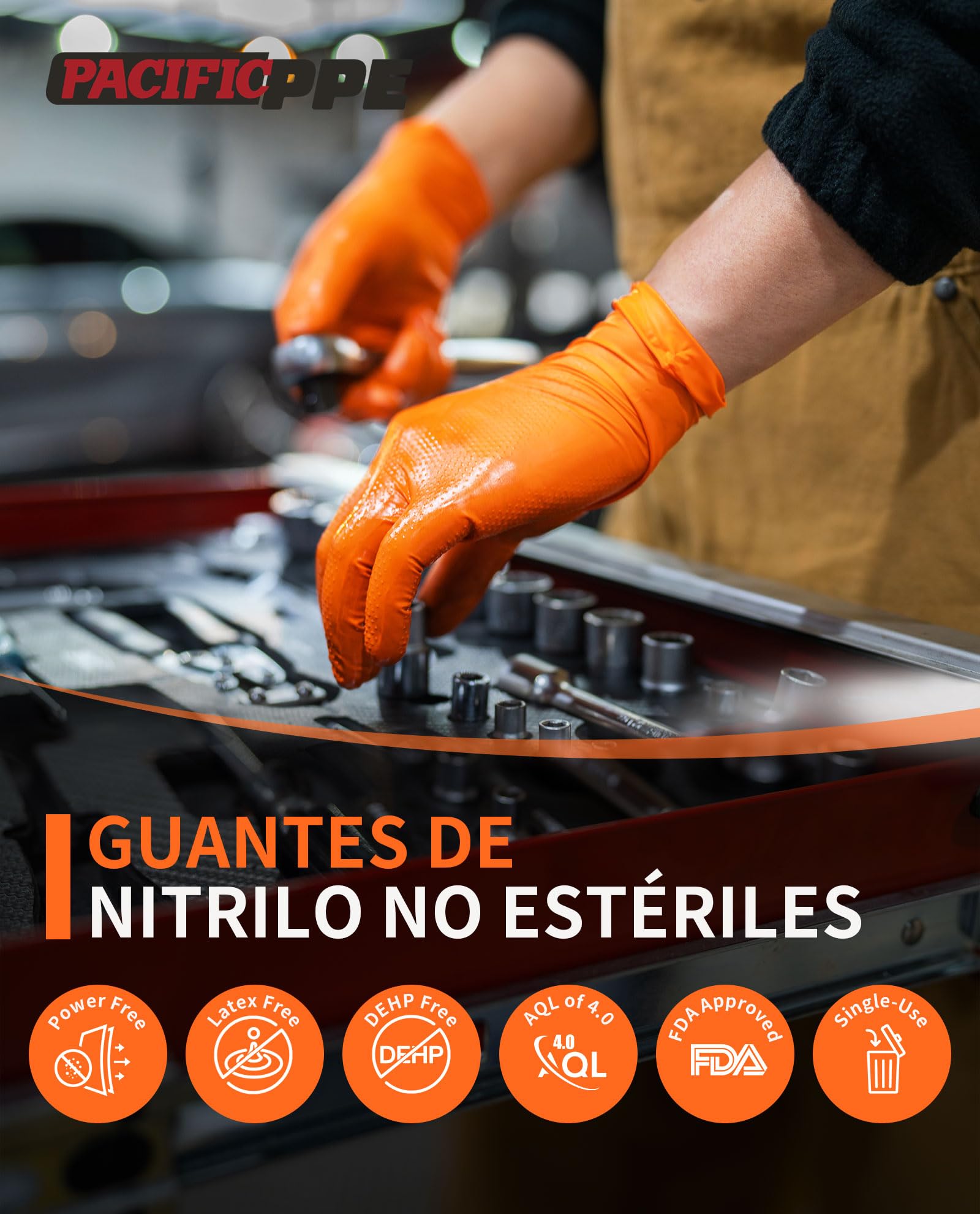 PACIFIC 8-mil Guantes Desechables de Nitrilo Naranja, Heavy-Duty, Industrial, Mecánico, Con Textura de Diamante, Sin Látex, Sin Polvo, EN 374, M/8
