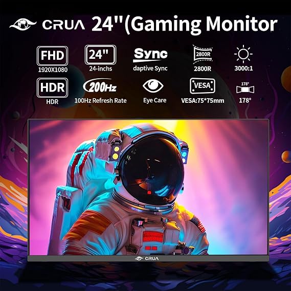 CRUA 24 Inch Curved Gaming Monitor, 180Hz/200Hz FHD 1080P, 1ms Response, AMD FreeSync, Eye-Care Flicker-Free, Frameless Esports Display with HDMI & DP, VESA Wall Mount – Black
