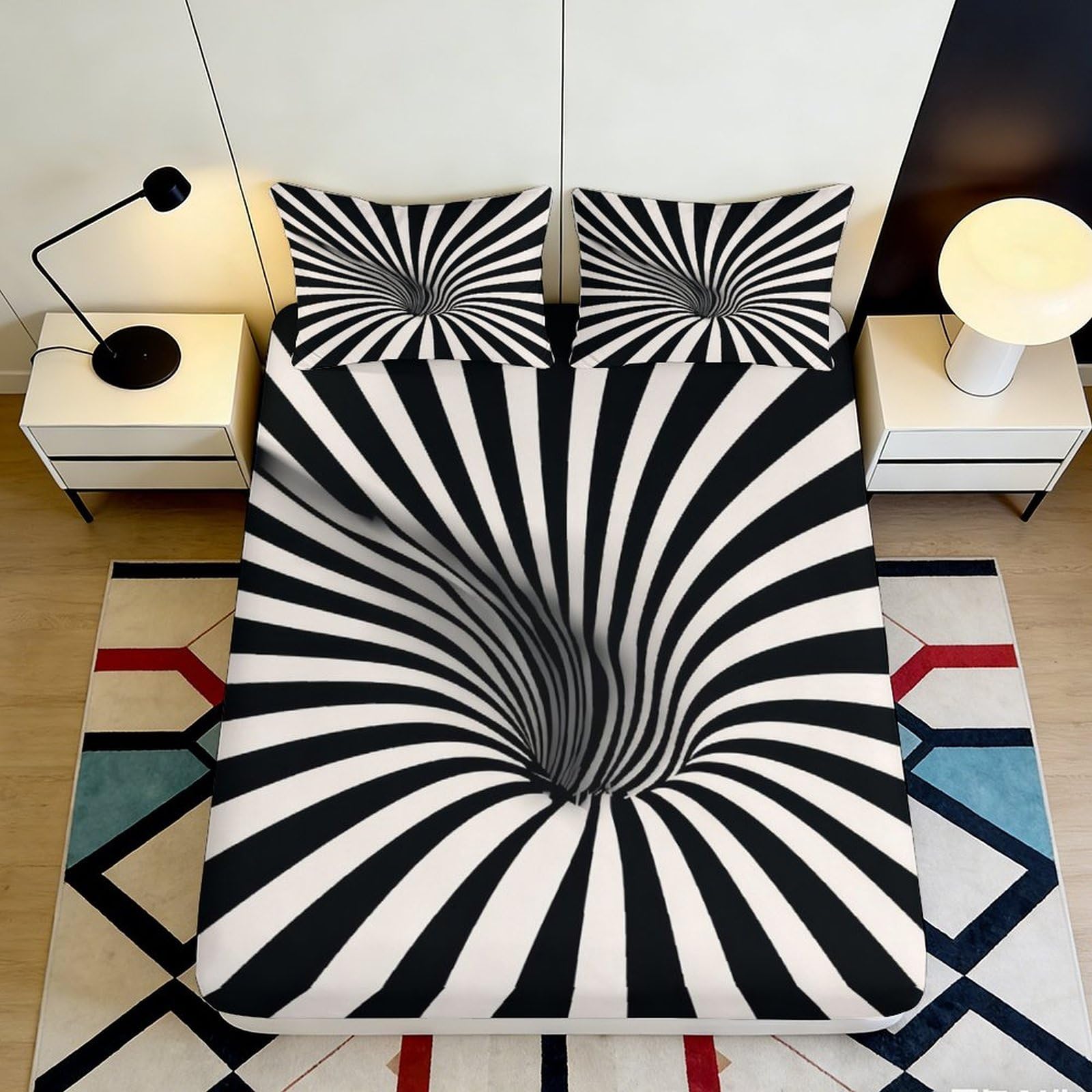 3D Printed Optical Illusion Fitted Sheet Microfiber Soft Black White Swirl Bed Cover Bedroom Home Mattress Decor 90x200x25cm