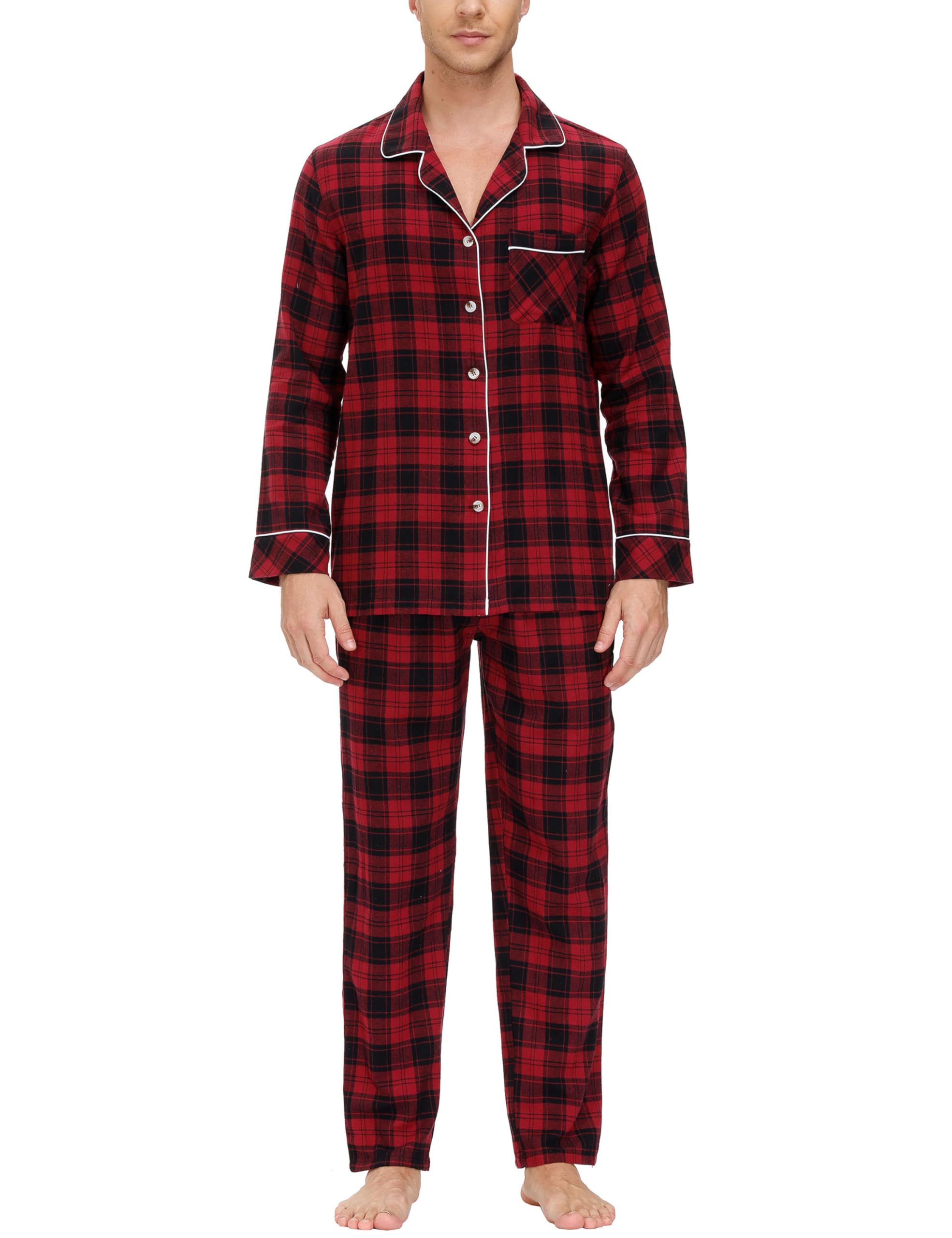 MoFiz heren lange katoenen pyjama-set met knoopsluiting, lange mouwen, geruite pyjama-bovenkleding en broek nachtkleding huisanzug, XL MoFiz heren lange katoenen pyjama-set met knoopsluiting, lange mouwen, geruite pyjama-bovenkleding en broek nachtkleding huisanzug, XL