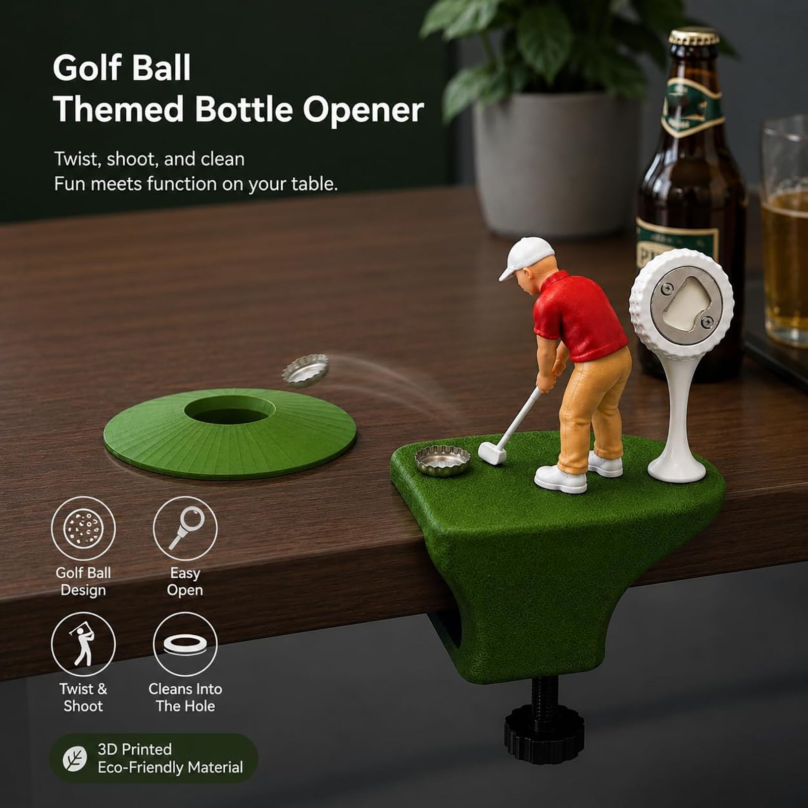 Gioco Apribottiglie a Tema Golf - Apribottiglie con Vera Pallina da Golf e Raccoglitore di Tappi "Cassonetto" da Scrivania - Regalo Originale per Uomini e Appassionati di Golf (2pcs)