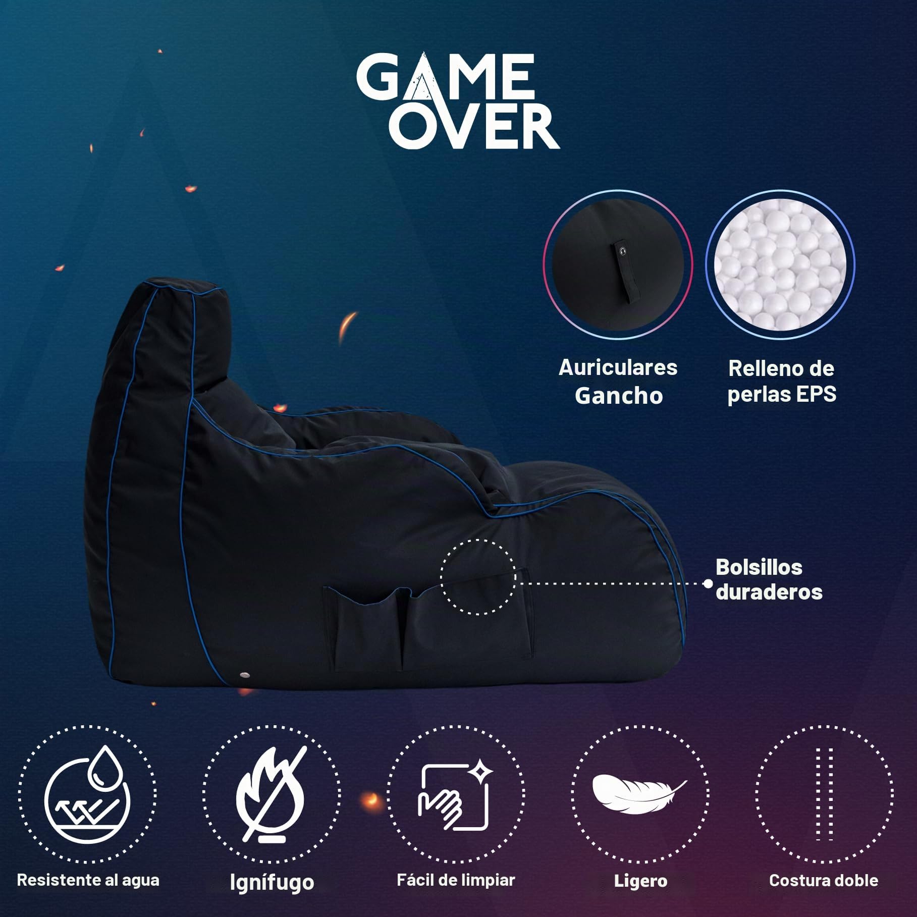 Game Over Silla para Reposar Puff Pera para Video Juegos | Sala Interior | Bolsillos Laterales para Controles | Soporte para Auriculares | Diseño Ergonómico (Relámpago Cerúleo)