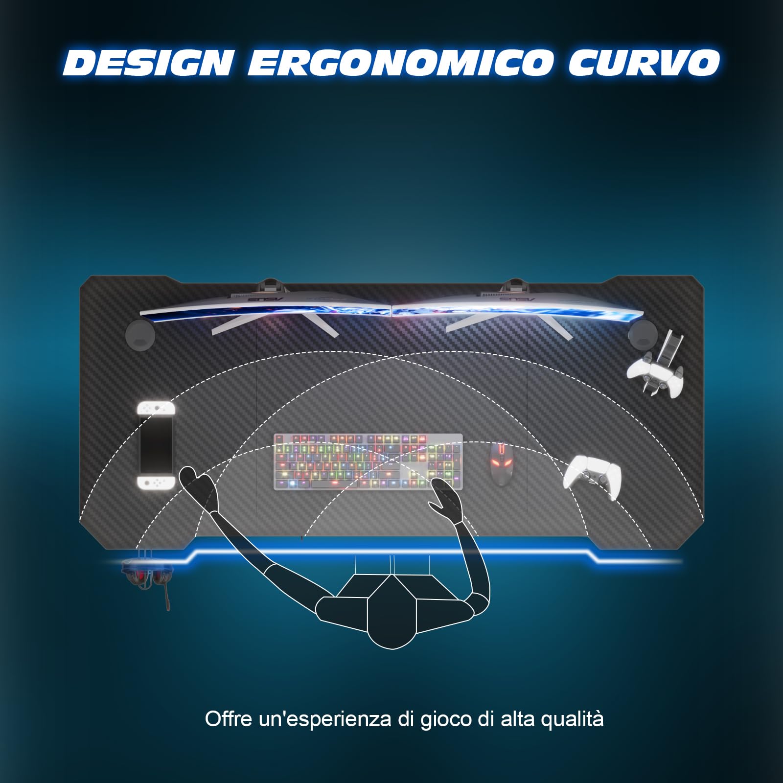 TRIUMPHKEY 120x60cm Scrivania Gaming/Tavolo Gaming - Piano in Carbonio Senza LED, Gambe a Z Ultra Resistente (100kg), con Gancio Cuffie, Design Moderno