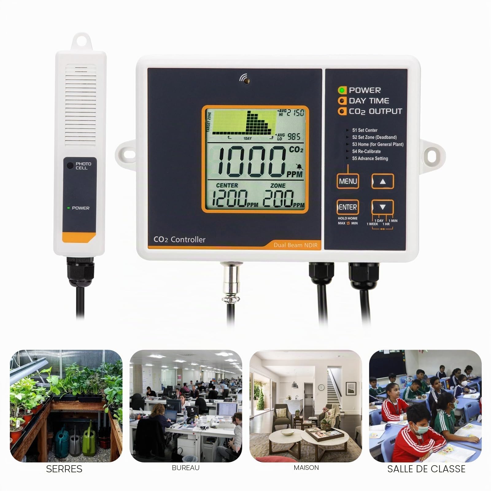 Gaz Carbonique CO2 Mètre Manette & Moniteur CO2 Détecteur avec Type divisé Télécommande Capteur et 4.6 Mètre Long Câble Double Canal Faible Dérive NDIR Capteur pour Serre, Résidentiel