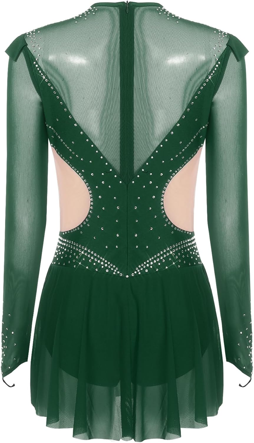 ranrann Women's Long Sleeve Ice Skating Dress with Shiny Rhinestone Figure Skating Dress for Competition