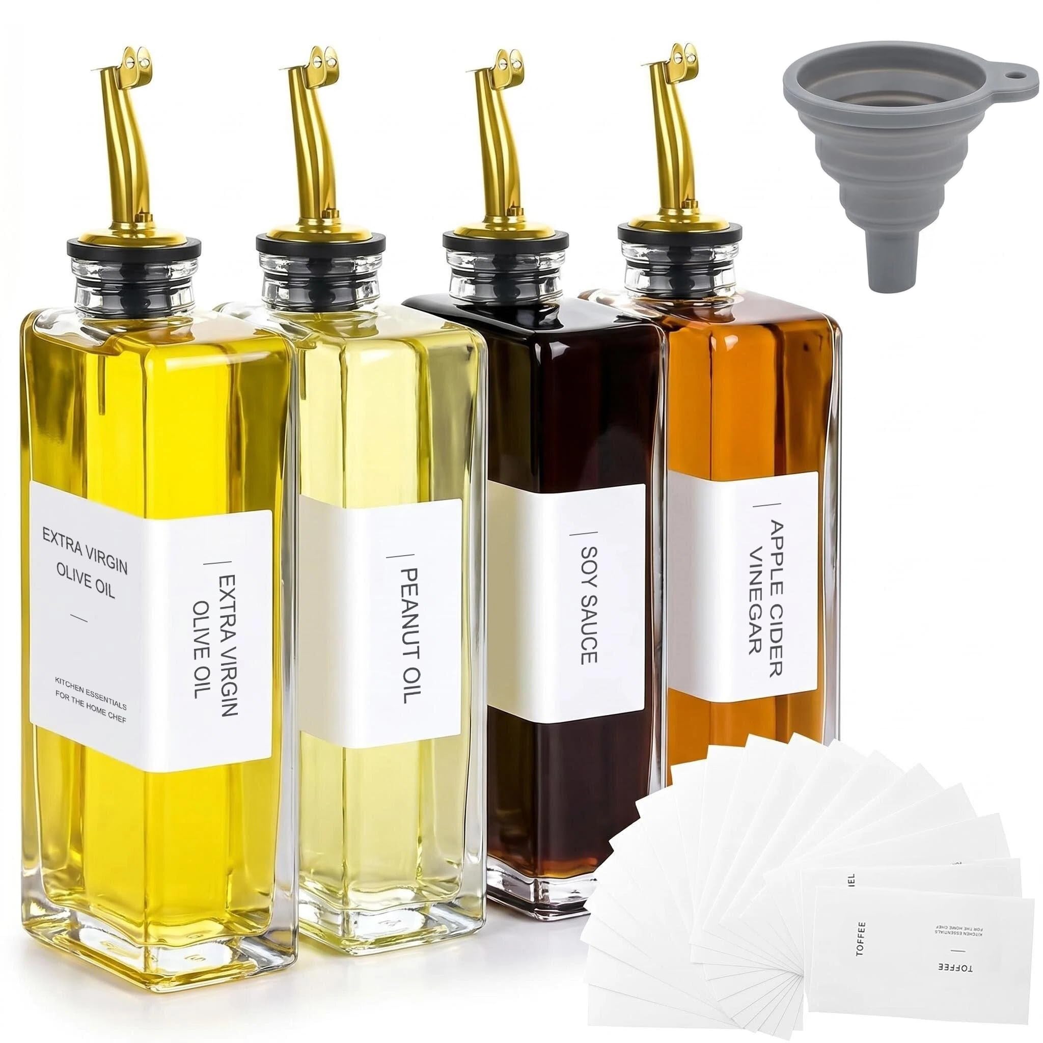 Geltais 500ml Olive Oil Dispenser Bottle Set for Kitchen, Set of 4 Glass Dispenser, Oil and Vinegar Dispenser Bottle Set with Weighted Automatic Pourer and Waterproof Label&Silicone Funnel