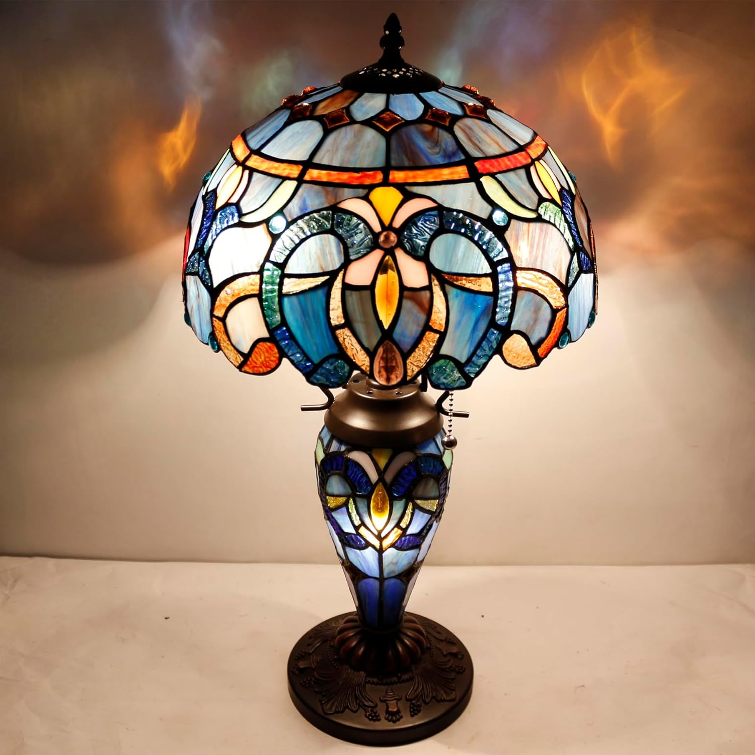 WERFACTORY Tiffany Style Lamp Blue Purple Cloud Stained Glass Table Lamp 12X12X22 Inches Mother-Daughter Vase Desk Reading Light Decor Bedroom Living Room Home Office S558 Series