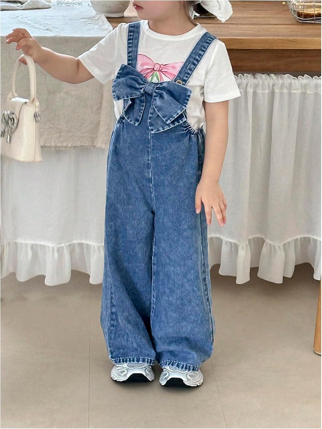 RoseSeek Toddler Girl's Bowknot Denim Overalls Sleeveless Wide Leg Jumpsuit Jeans Pants