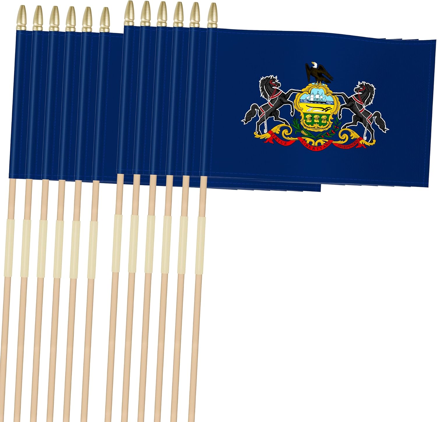 Heavy Duty 12 Pack 12x18 Inch Large Pennsylvania Flags on Stick 35” Tall PA Stick Flags Durable Break-Resistant 5/16” Birch Pole 300D Oxford Fabric Pennsylvania Statehood Day Philadelphia Founding Day Yard & Festival Decorations