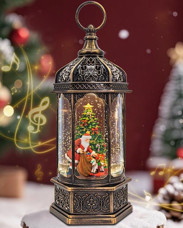 Large Musical Christmas Snow Globes Lantern, 13" Lighted Electric Snowglobes with 8 Holiday Songs, 6H Timer Dual Power, Santa with Gifts Christmas Ornaments Snow Globe for Kids Adults, Gifts Men Women by COZY-PAVILION - Used condition - US$13.18