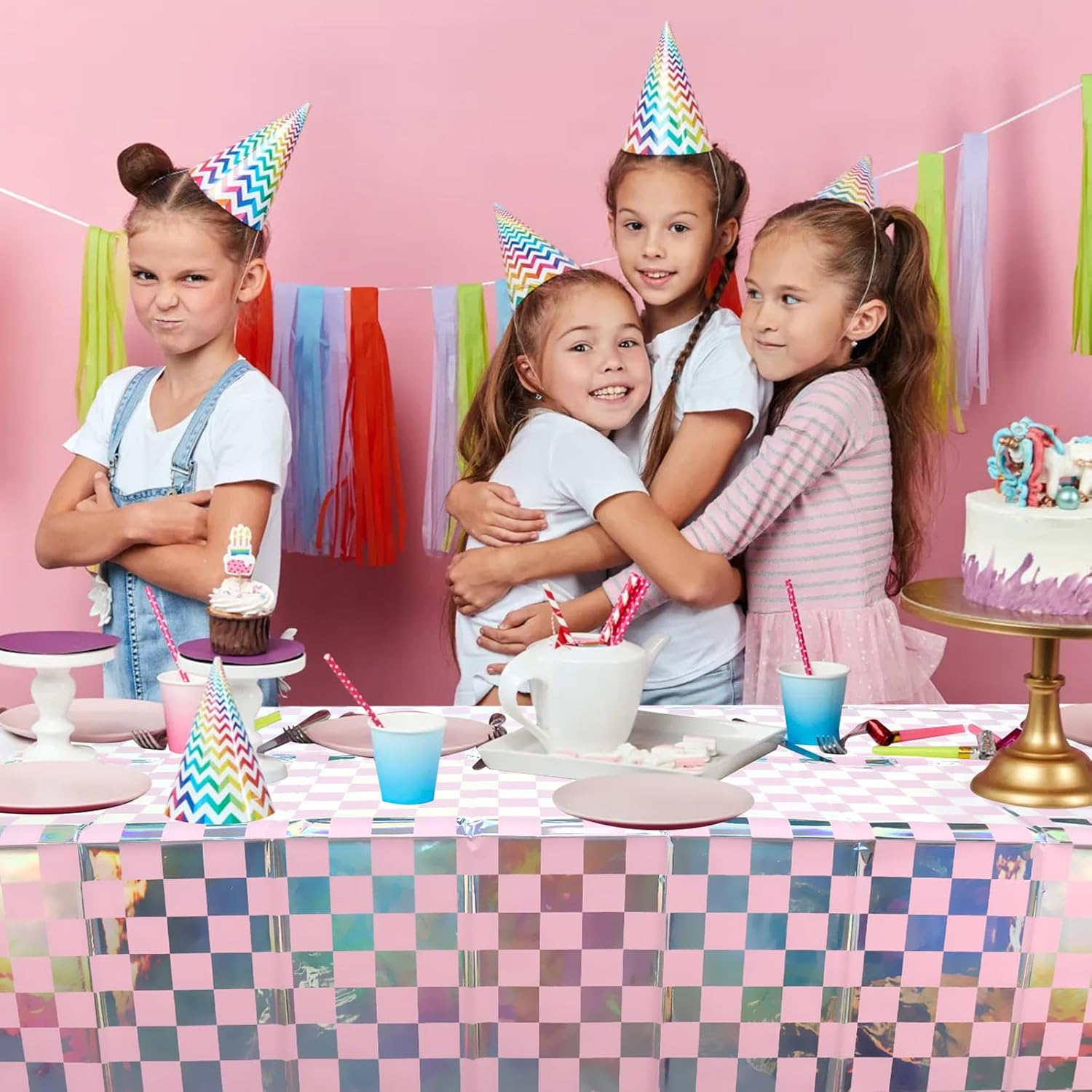 Lilwomen 4-Piece Iridescent Checkered Party Tablecloths, Pink Girls Party Supplies, Laser Rectangle Theme Tablecovers, Iridescent Checkered Table Cover for Girls Kids Baby Shower