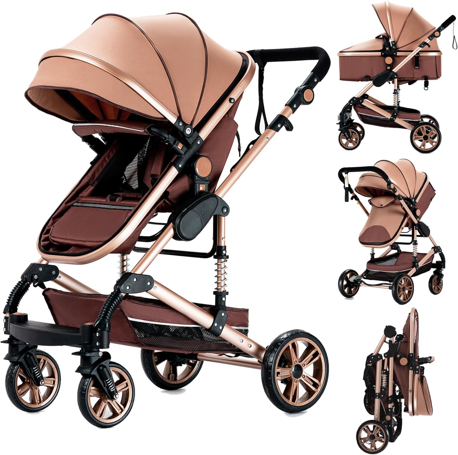 2 in 1 Baby Stroller with Bassinet, Convertible Pram, Reversible Standard Baby Stroller, Portable Baby Buggy, Infant Carriage, Foldable High Landscape Pushchair for Toddler Newborn (2USXR001-BEIGE)