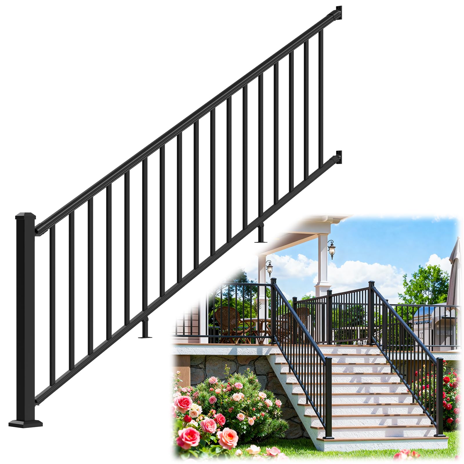 Photo 1 of Egadis 36 in. H x 8 ft. W Aluminum Stair Railing Kit, Railings for Outdoor Steps, Black Textured AAMA 2604 Powder-Coat Finish Modular Rail System for Concrete Steps or Wooden Stairs(1 Post, 1 Panel)