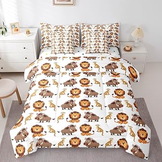 jejeloiu Cartoon Lion 7 Pieces Bedding Set Full Size African Warthog Meerkat Comforter Set with Sheets for Kids Boys Decor Wild Animal Jungle Wildlife Tropical Nature Bed in a Bag Soft Bedroom Decor