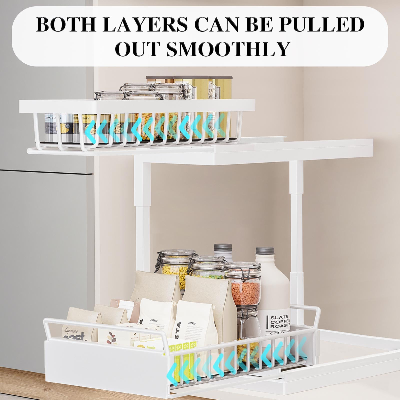 MEIJIA Double Sliding Cabinet Organizer Drawer, 2 Tier Pull Out Under Sink Organizers And Storage Bathroom And Kitchen, Metal L-Shaped Under Cabinet Organizer And Storage - White