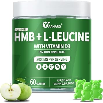 HMB & L-Leucine Gummies 3000mg - with Vitamin D3 for Muscle Recovery, Energy, Endurance & Muscle Mass Increase, Apple Flavor - 60 Gummies