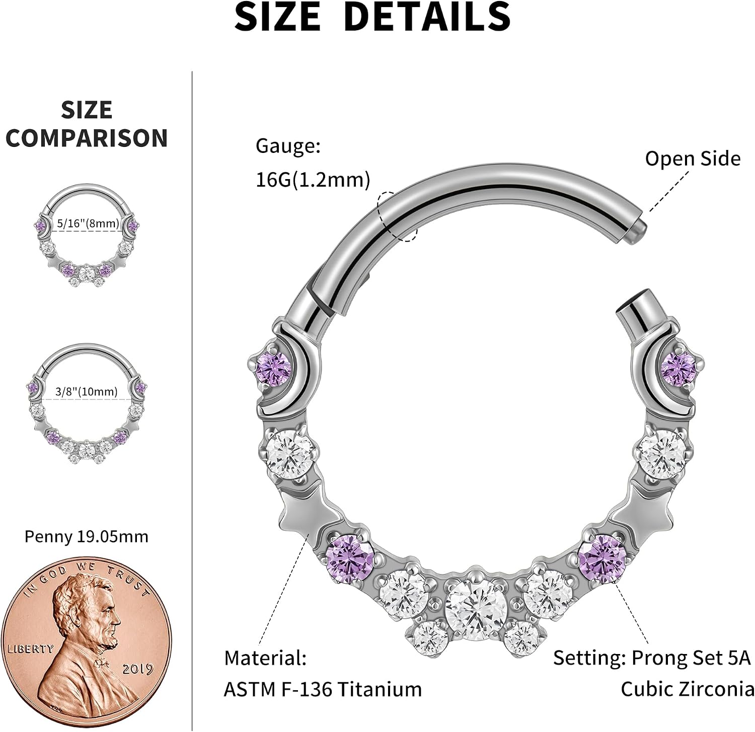 FINE4U Celestial Titanium Hoop Collection - 16G 8mm/6mm ASTM F136 Titanium Star & Moon Daith, Cartilage, Septum Piercing Jewelry - Seamless Hinged Clicker Hoops