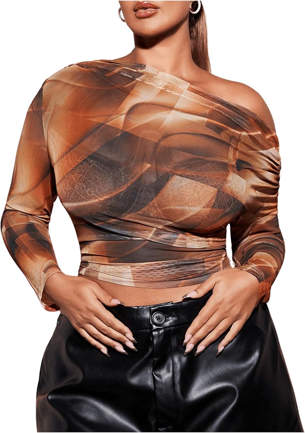 SweatyRocks Women's Plus Size Crop Tops Asymmetrical Neck Ruched Long Sleeve Mesh T Shirts