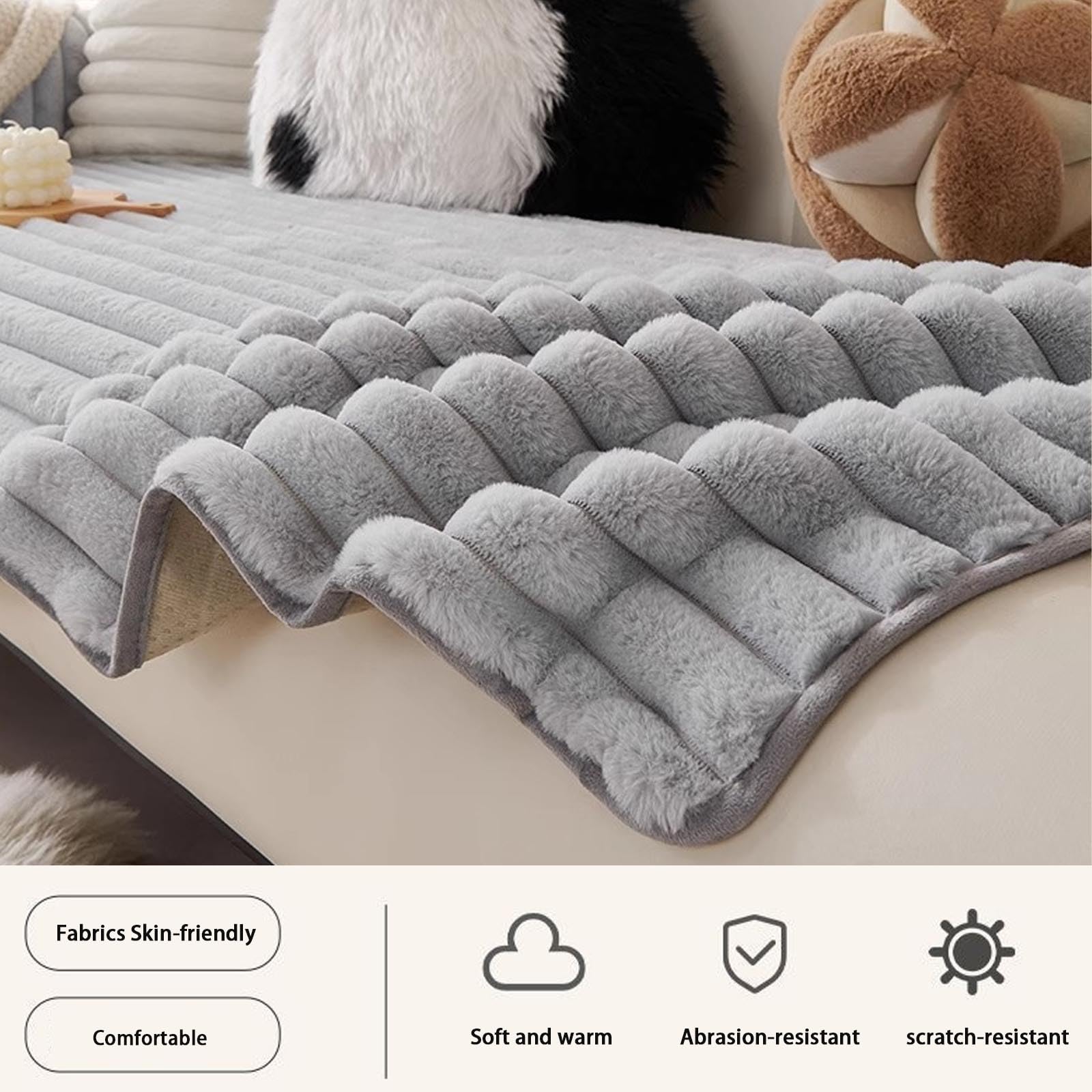 Copertura Per Divano - Morbido Tessuto In Peluche Di Coniglio, Lavabile In Lavatrice, Antiscivolo Per Divano Modulare, Copertura Divano Da 1 2 3 4 Posti, Protettore Mobili Soggio Light Gray 110*160cm