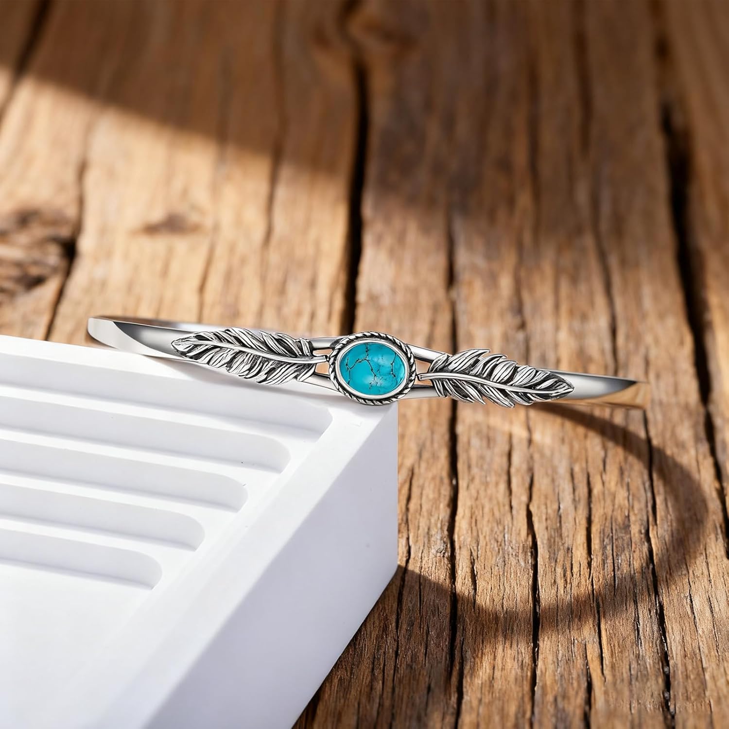 Natural Gemstone Feather Cuff Bracelet for Women, Vintage 925 Sterling Silver Adjustable Boho Bangle Gift