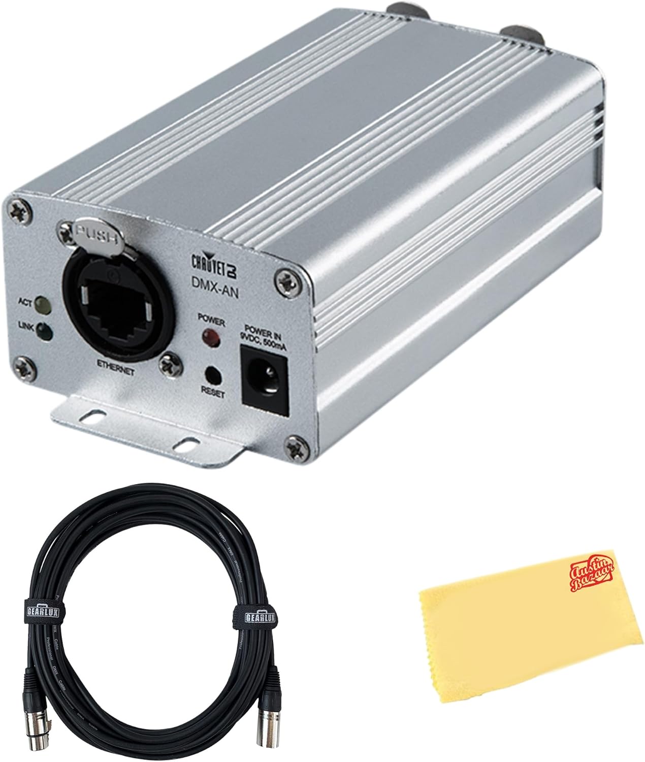 Chauvet DJ DMX-AN2 Multipurpose Art-Net/sACN Node Bundle with DMX Cable and Austin Bazaar Polishing Cloth